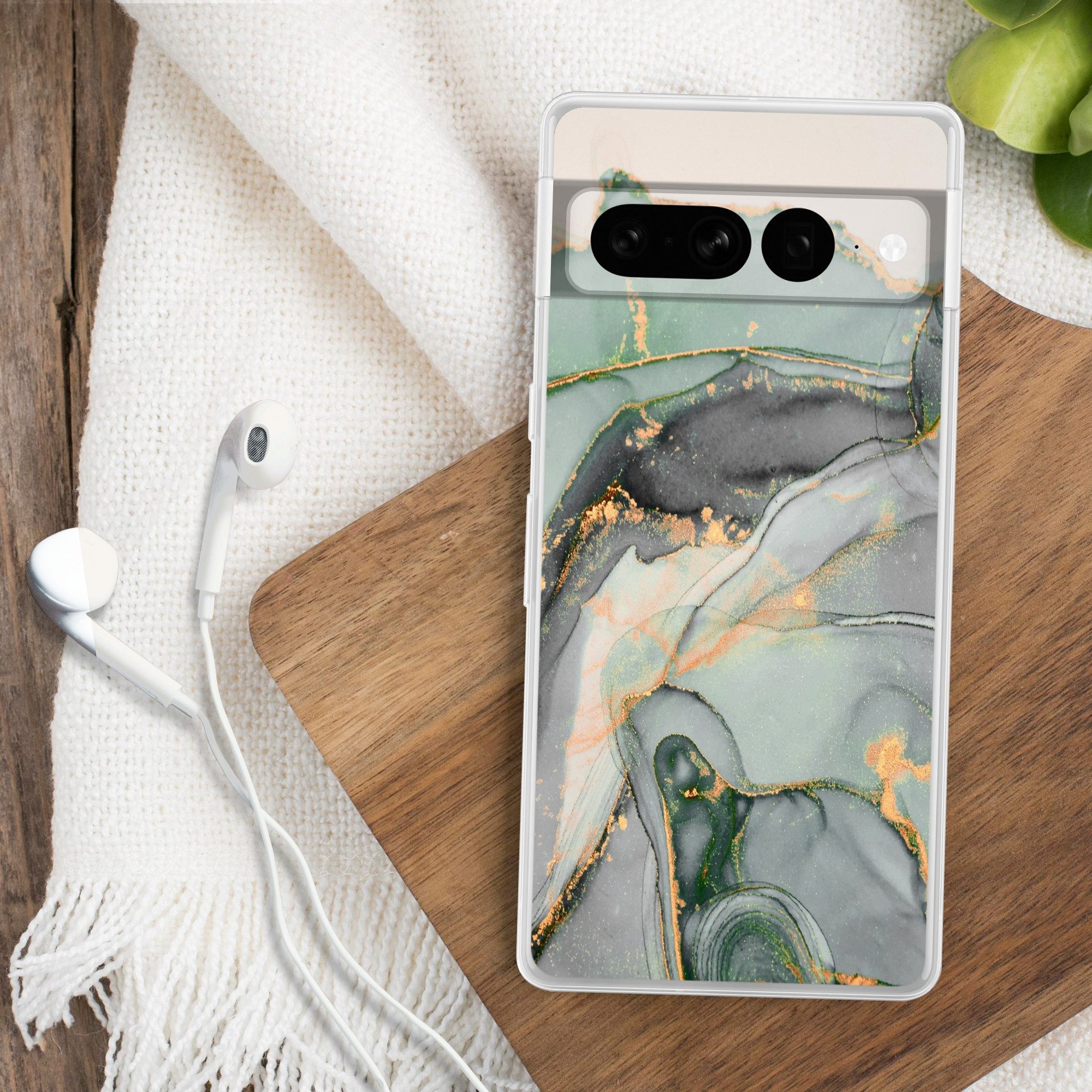 MuchoWow Handyhülle für Google Pixel 7 Pro Gold - Marmor - Grün - Luxus - Glitzer - Marmor, Phone Case, Silikon, Schutzhülle Dünn