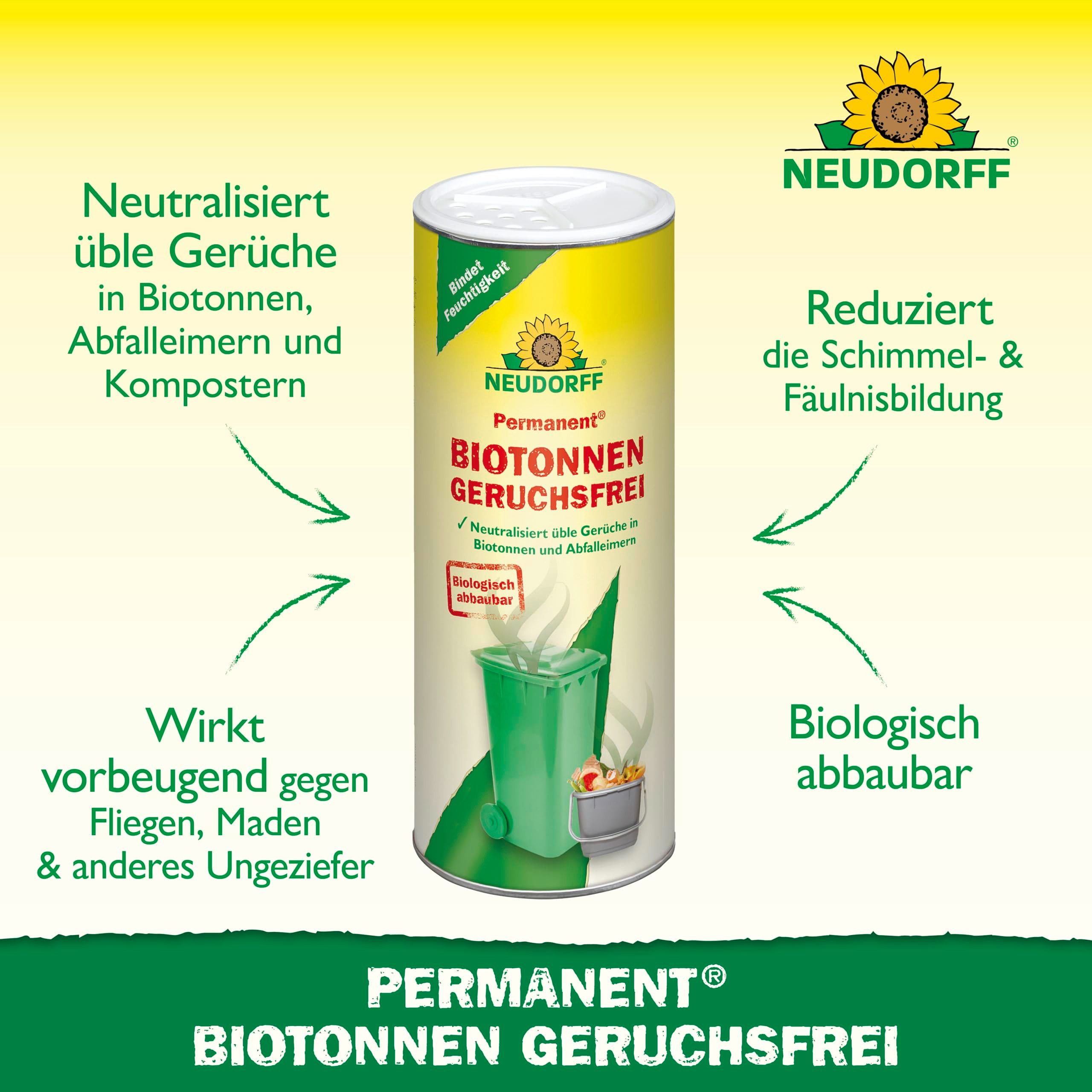 Neudorff Vergrämungsmittel Permanent BiotonnenGeruchsFrei 500 g für 670L Biomüll, biologisch abbaubar, neutralisiert üble Gerüche in Biotonnen, Abfalleimern und Kompostern, Biologisch abbaubares Geruchsneutralisierungs-Granulat