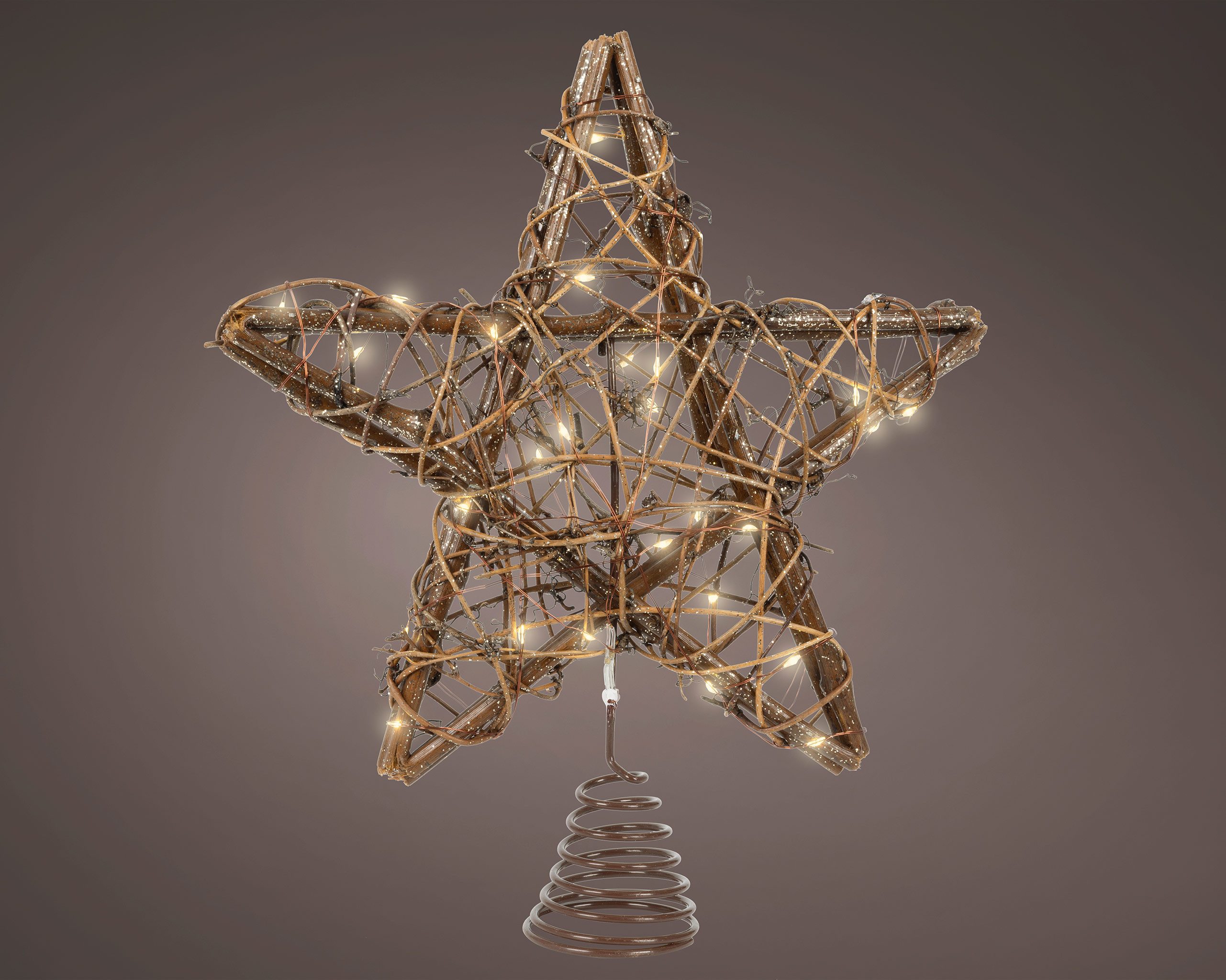 Lumineo Christbaumspitze, LED Christbaumspitze Stern mit Timer 30cm Rattan Braun / Warmweiß