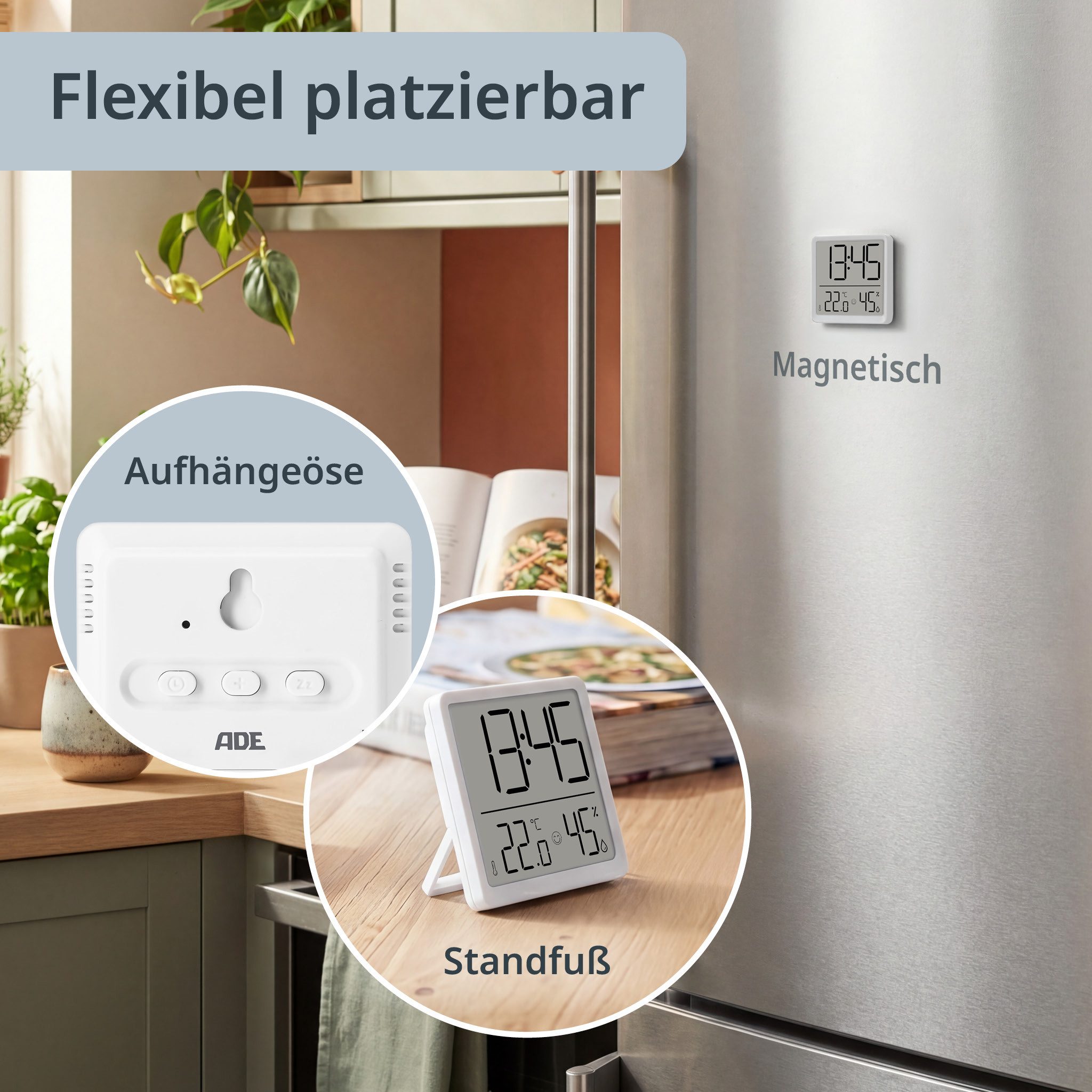 ADE Tischuhr Digitale Uhr mit Temperatur- und Luftfeuchtigkeitsanzeige mit Batterie, Wecker, Schlummerfunktion – Bild 5 von 5