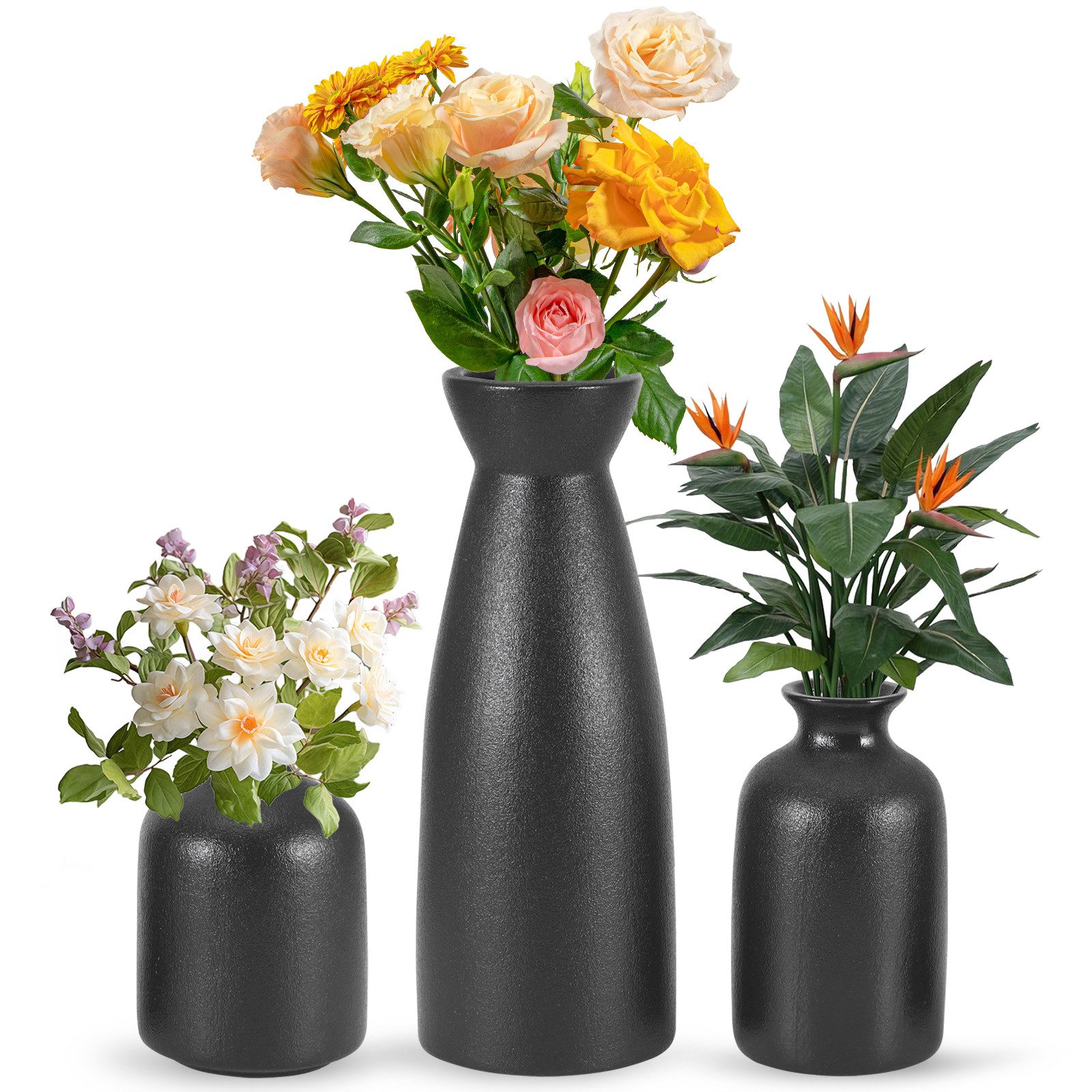 BlingBin Dekovase 3er-Set Keramik Vasen, Kleine Blumenvasen für Schnitt-/ Trockenblumen (1er Set, 1 St., Pampas-Vase: 22.5x8,5 cm;Klein Vase: 12x7 cm;Knospen Vase: 10x7.4 cm), Dekorative für Pampasgras & Getrocknete Blumen, Für Regal,Tisch