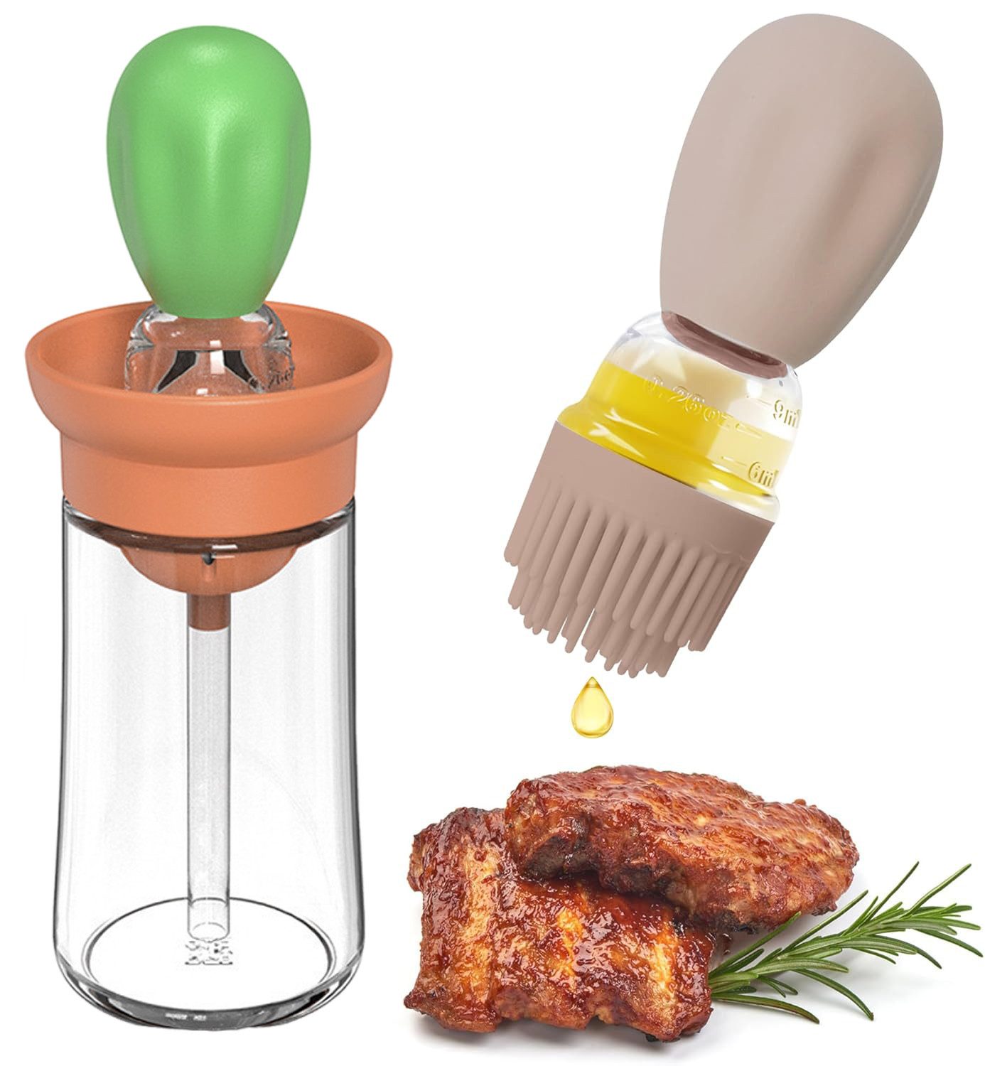 Auledio Ölspender Silikon-Pinselkopf-Ölspender, 2-in-1 Glas-Ölflasche, 180ml Pump-Ölspender für Backen und Grillen