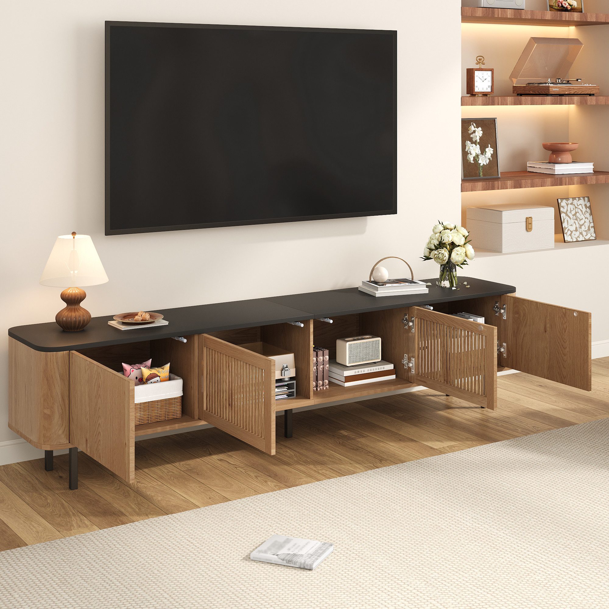 STILVORA TV-Schrank wohnzimmer niedrigerer TV-Ständer Lowboard stehend mit Stauraum Oak (Packung, 1-St., Großer Stauraum, mit 4 Türen und 4 Fächern) Modernes, minimalistisches Design, Einzigartiges Design.