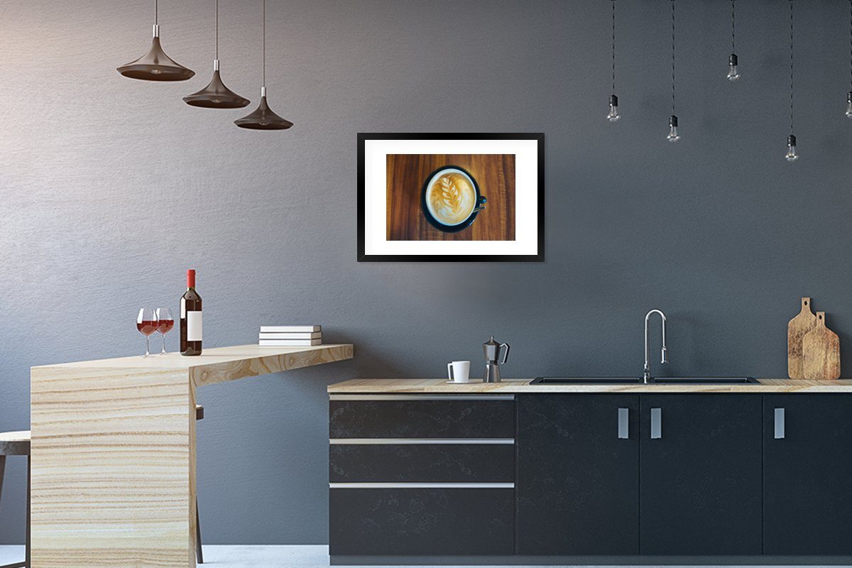 Kaffee Poster, - Holz, mit Rahmen, Schwarzem Tisch (1 St), - Kunstdruck, Gerahmtes Bilderrahmen Poster MuchoWow