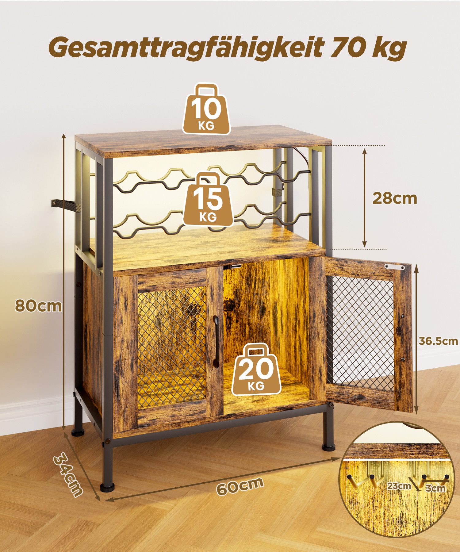 Yorbay Weinschrank Vintage mit LED Beleuchtung, Abnehmbares Weinregal für 10 Flaschen (6 Gläser Halter, Küchenschrank Sideboard 60x24x80cm) Weinständer für Küche & Esszimmer