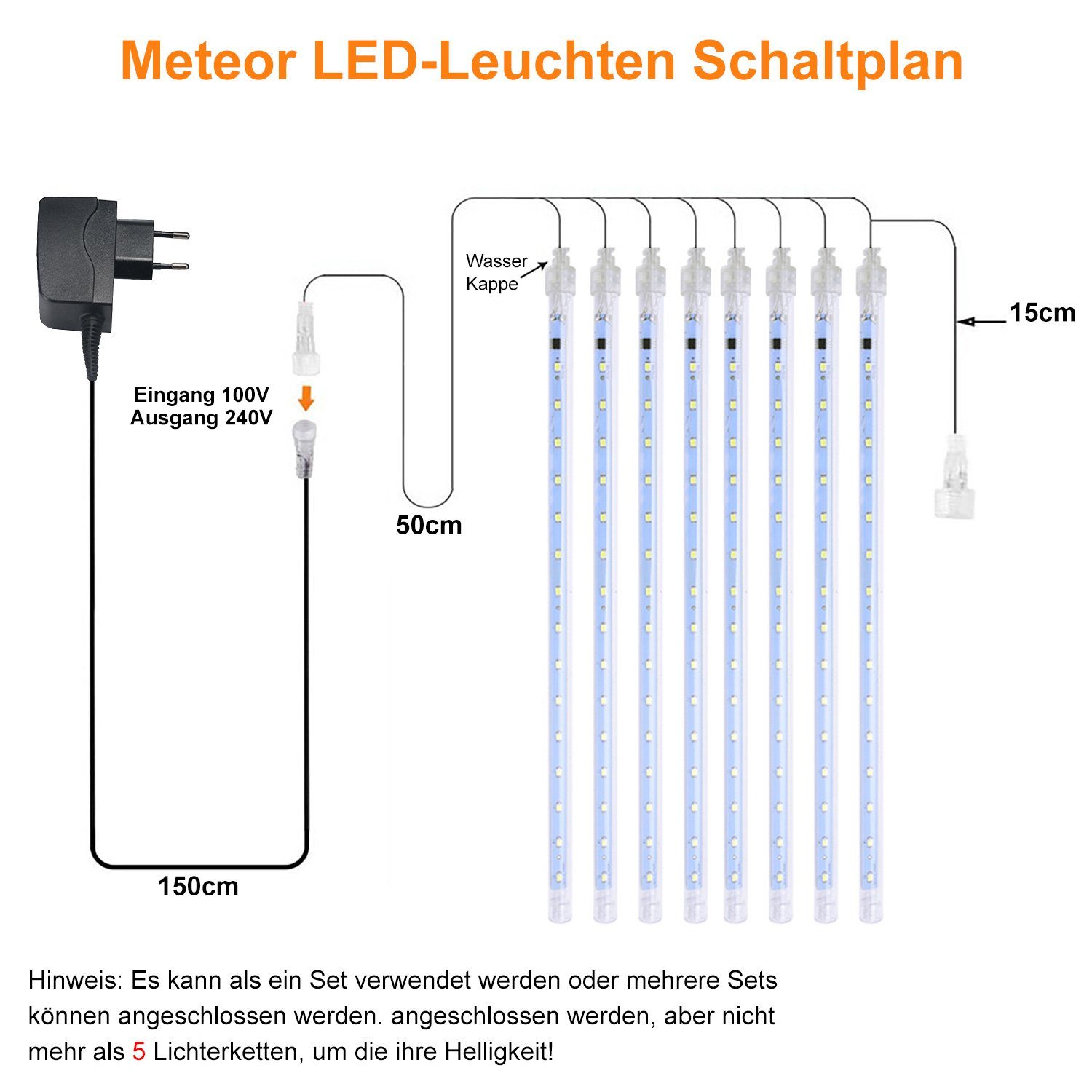 Fest Integriert 8 MUPOO LED Wasser LED Lichterketten Niederspannung LED-Lichtervorhang Röhren, Dekora 4.4/6M Meteorschauer-Lichterkette LED Weiß 30cm/50cm