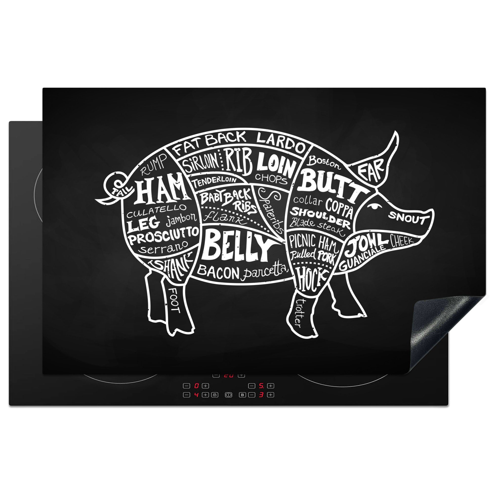 MuchoWow Herdblende-/Abdeckplatte Schwein - Fleischer - Fleisch, Vinyl, (1 tlg), 81x52 cm, Induktionskochfeld Schutz für die küche, Ceranfeldabdeckung