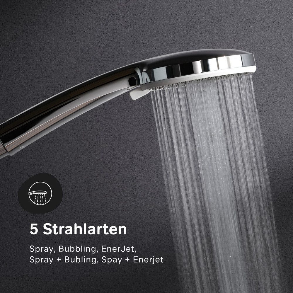 AM.PM Duschsystem PLAY mit Thermostat Ø 30 cm Regendusche & Handbrause Duscharmatur, Höhe 146 cm, 5 Strahlart(en), Brause Dusch-Komplettset, höhenverstellbare Duschsäule 103-146 cm, Dusche Brauseset mit 175 cm Duschschlauch Silber / Chrom, Duschset Kopfbrause & Handdusche mit Antikalk-Duschkopf