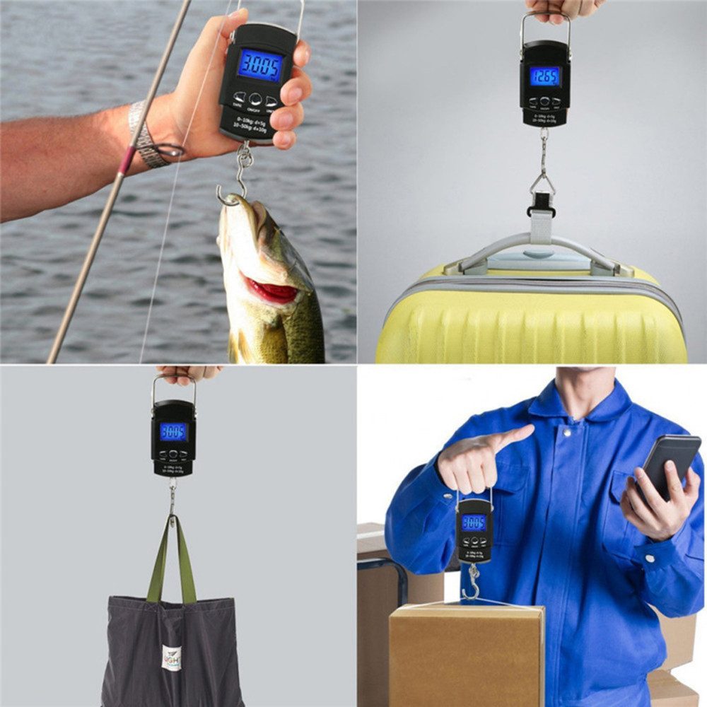 GARRYFIZH Feinwaage Kofferwaage Digital 50kg mit Maßband LCD Gepäckwaage Anglerwaage, Blau hinterleuchtetes LCD-Display
