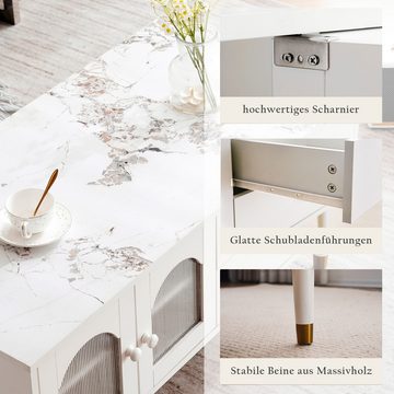 Gotagee Couchtisch Eleganter 100cm langer Couchtisch Weiß Beistelltisch Wohnzimmertisch, MDF mit marmoriertem Aufsatz, leichter Luxusstil