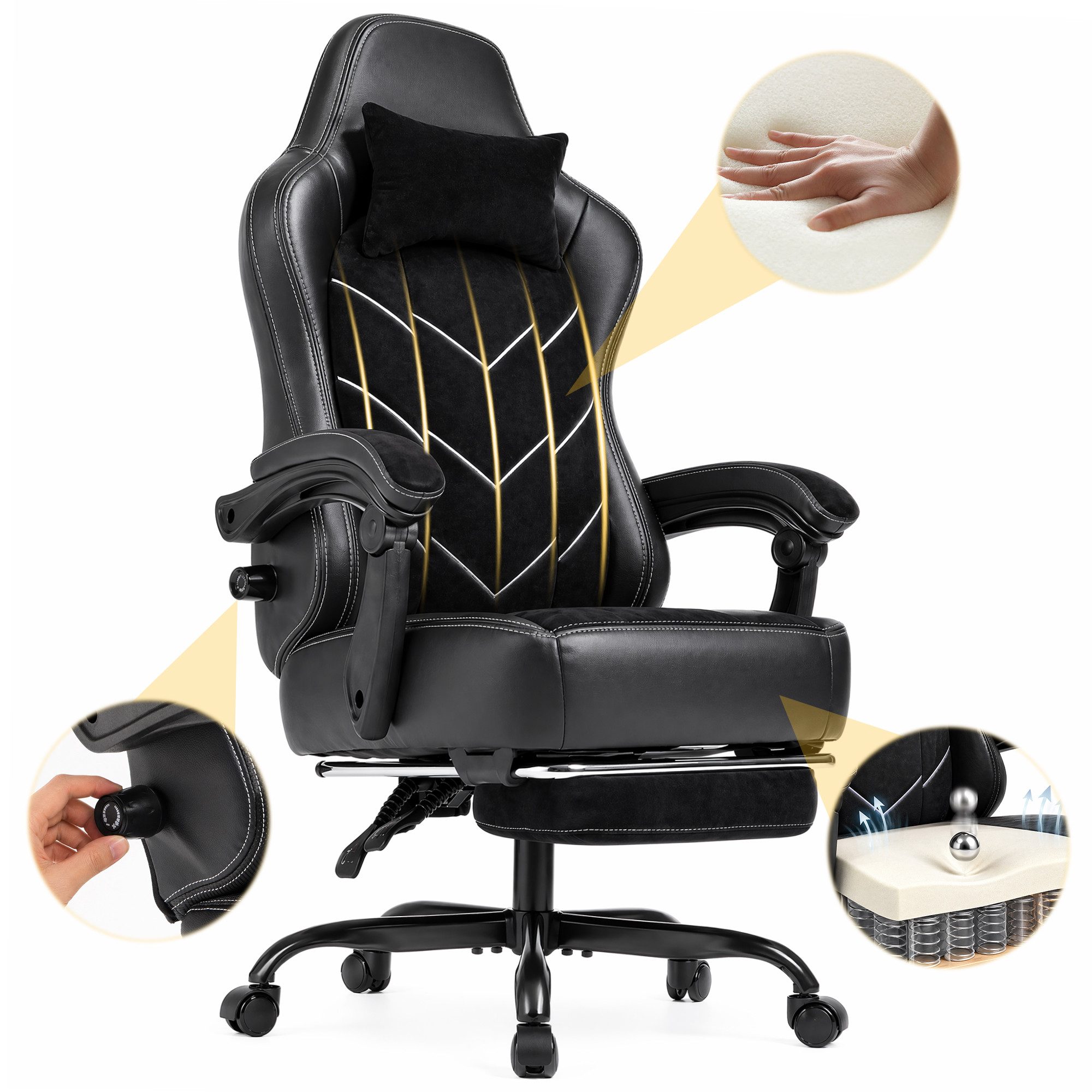 HOMALL Gaming-Stuhl mit Federkern,Komfort für Büro & Gaming,90-165° Rückenlehne,bis 180 kg, gaming stuhl mit Fußstütze,breites & dickes Sitzpolster