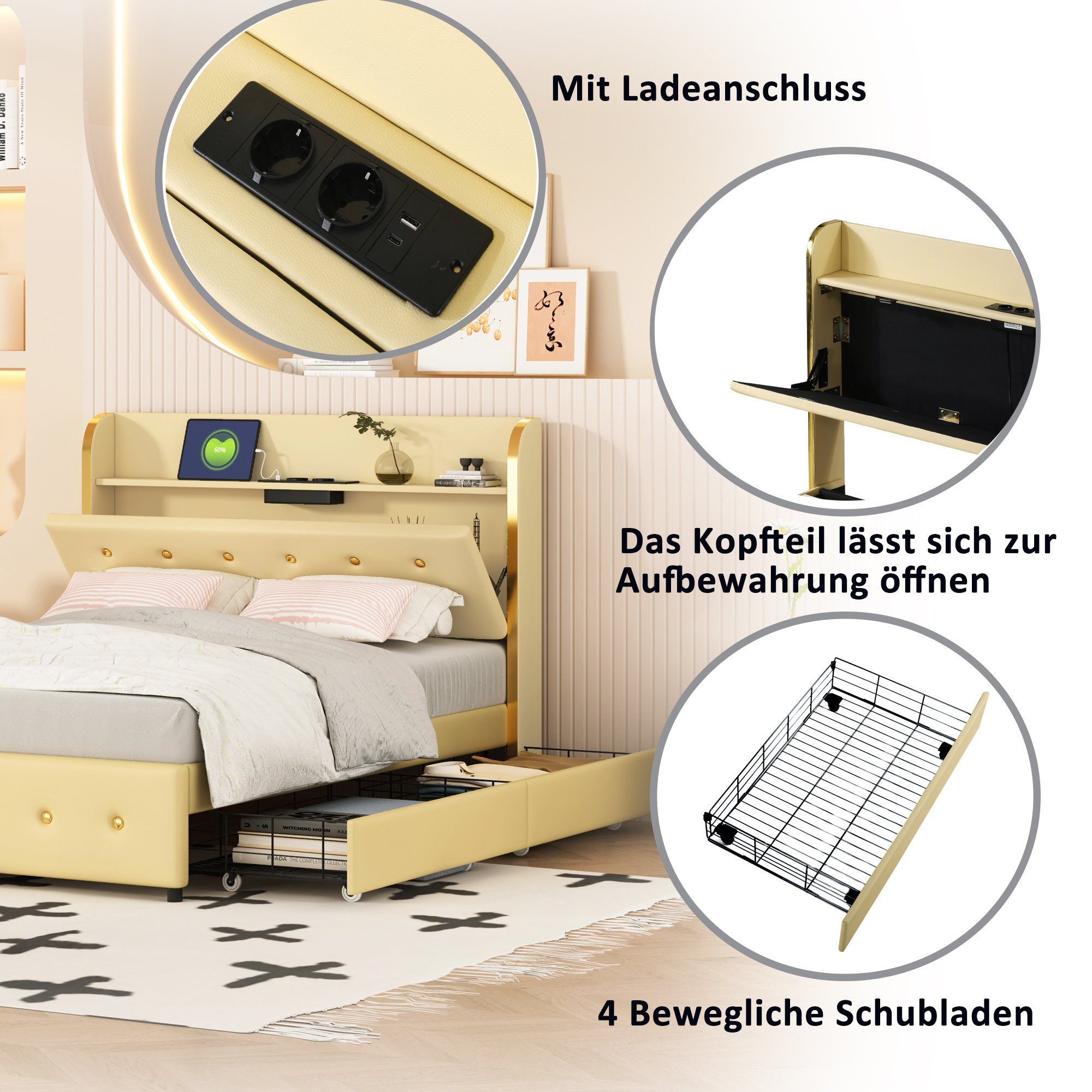 Polsterbett (Stauraumbett, Doppelbett), mit USB Typ C Ladefunktion und 4 Schubladen, Kunstleder, 140x200cm