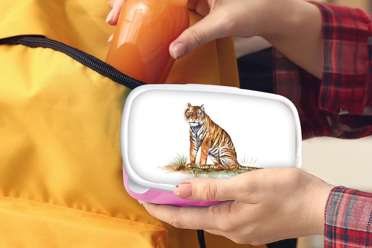 MuchoWow Lunchbox Tiger - - Gras Kinder, Brotbox Orange, Erwachsene, für Kunststoff, Kunststoff rosa Brotdose Snackbox, Mädchen, (2-tlg)