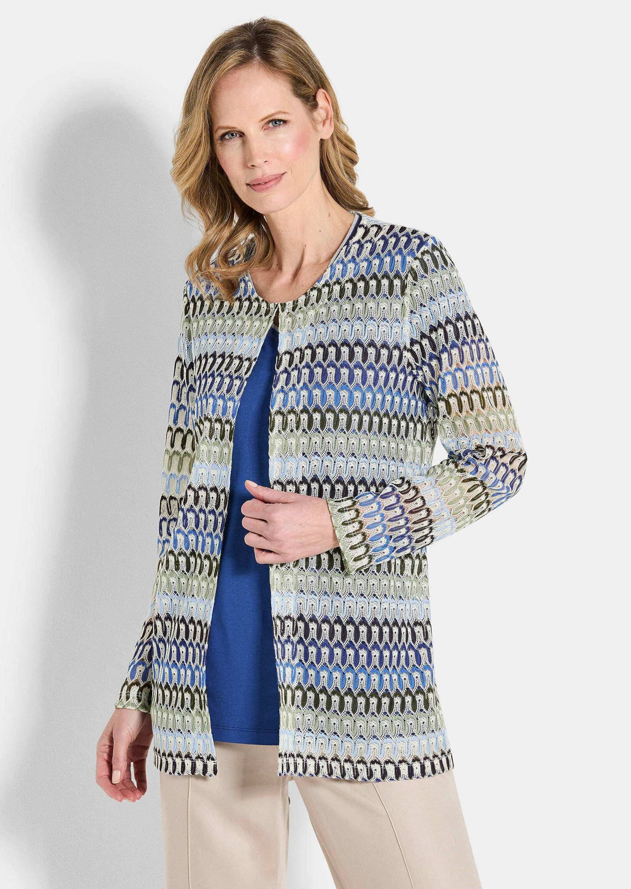 GOLDNER Outdoorjacke Langarm Spitzenjacke aus Jersey Offene Jacke in Spitzenoptik mit Häkchenverschluss, Rundhals