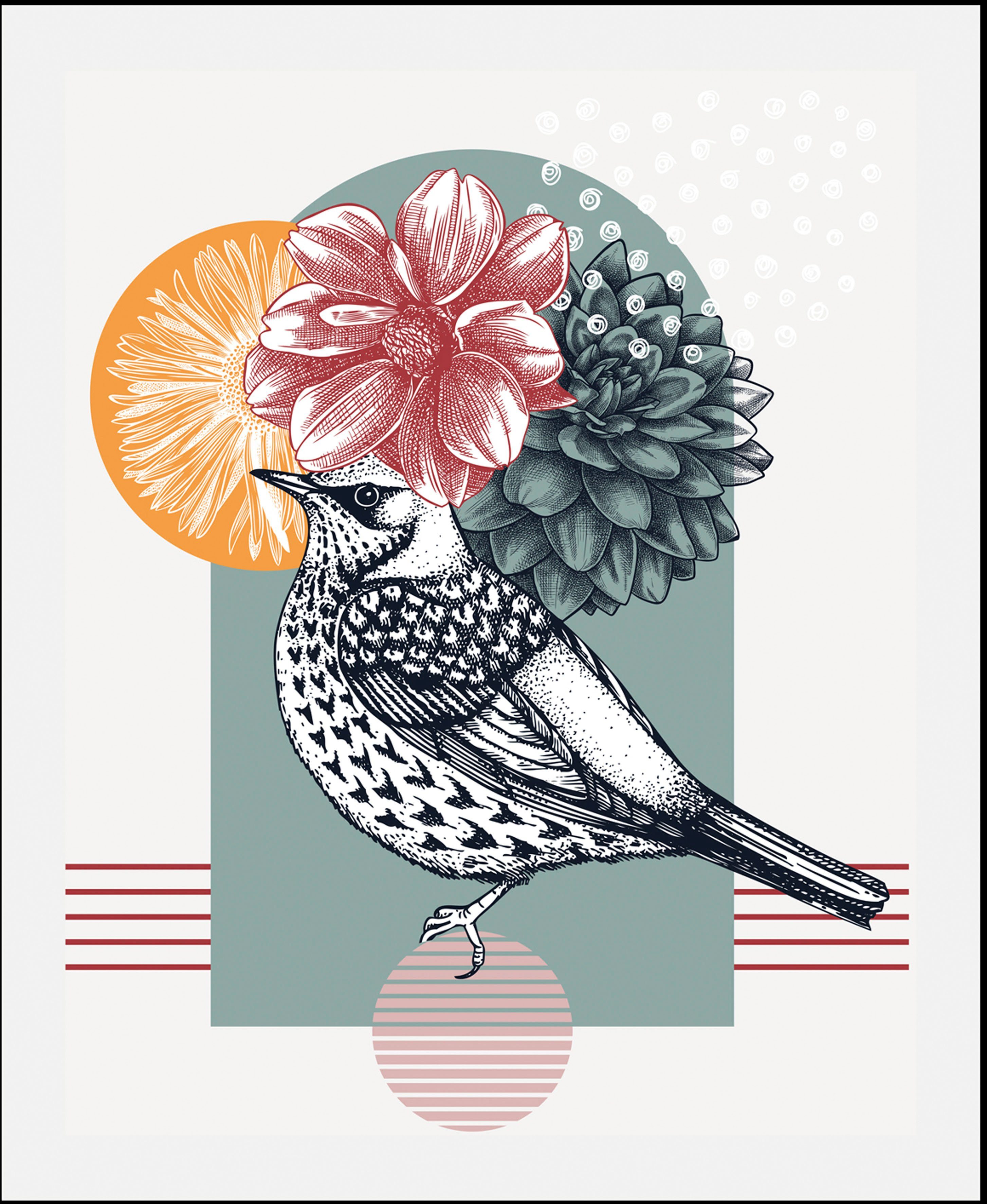 queence Bild Birdy, Abstrakt, Blumen, Blumenbilder, Pflanzen, Pflanzenbilder, Vogelbilder, Vögel (1 St), gerahmt