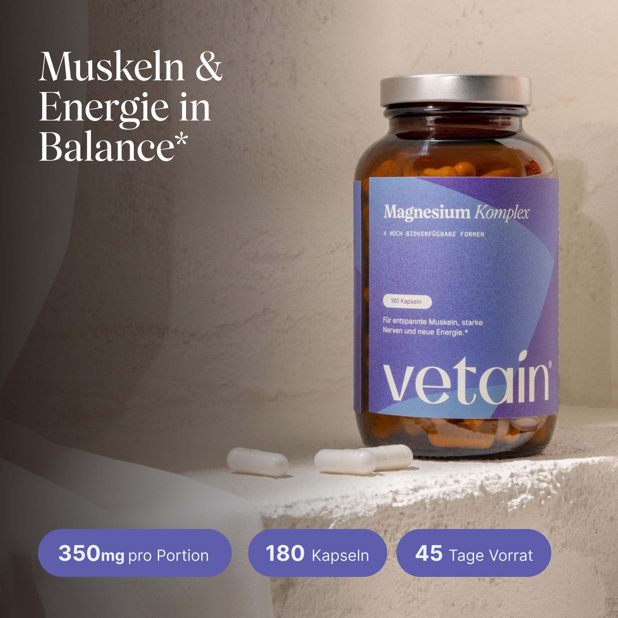 VETAIN Magnesium Komplex - 180 vegane Kapseln, 350mg elementares Magnesium je Tagesdosis à 180 St., 91.8 g, Ohne unnötige Zusätze