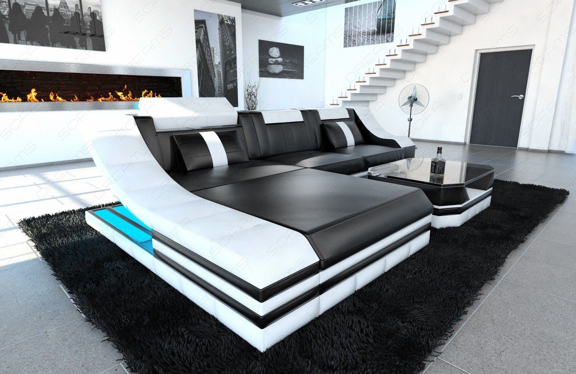 Designer Leder und Weiß Schwarz Couch Form L LED-Beleuchtung Sofa Lagerware, Eckcouch USB-Anschluss mit Dreams Turino Ecksofa Ecksofa