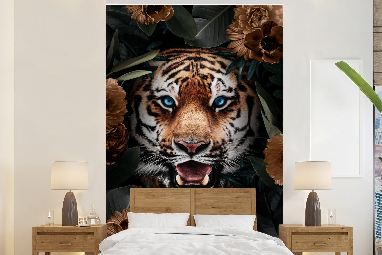 MuchoWow Fototapete Tiger - Blumen - Braun, Matt, bedruckt, (3 St), Montagefertig Vinyl Tapete für Wohnzimmer, Wandtapete