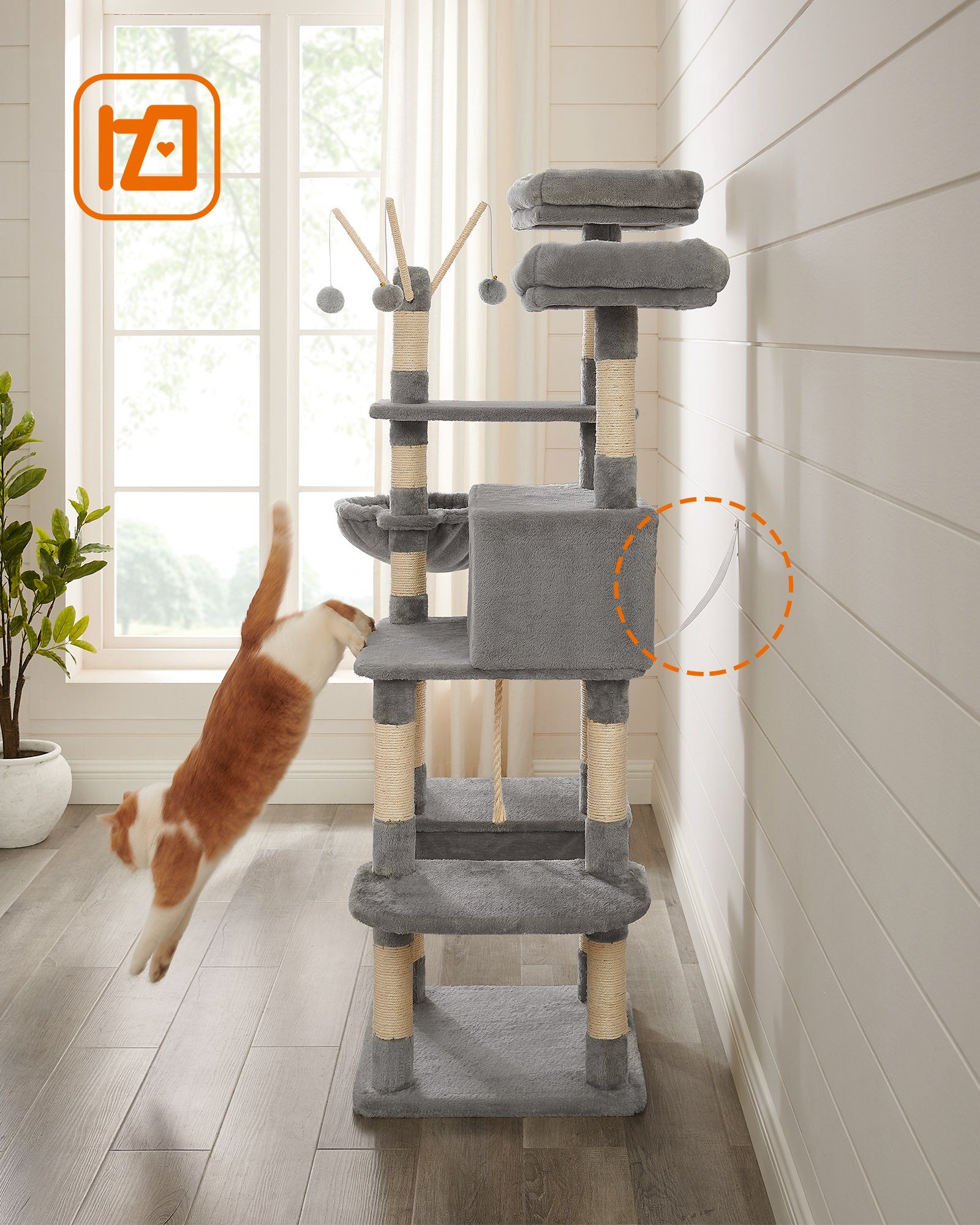 FEANDREA Kratzbaum großer Katzenkletterbaum, XXL-Katzenbaum, für ausgewachsene Katzen, zum Klettern, 158,6 cm Höhe