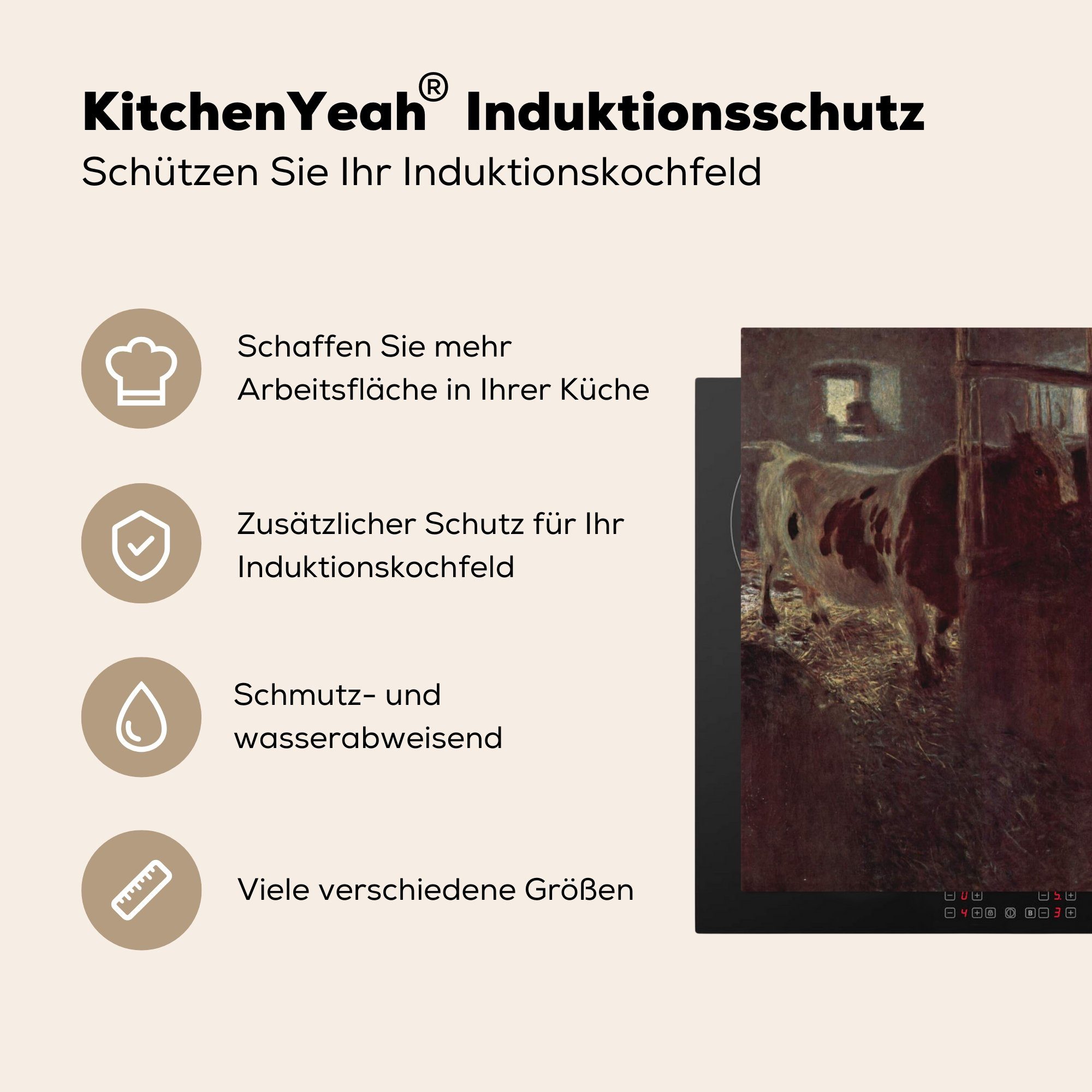 Gustav küche Kühe Herdblende-/Abdeckplatte - MuchoWow (1 78x78 cm, Stall Ceranfeldabdeckung, Vinyl, tlg), für Arbeitsplatte Gemälde, im Klimt