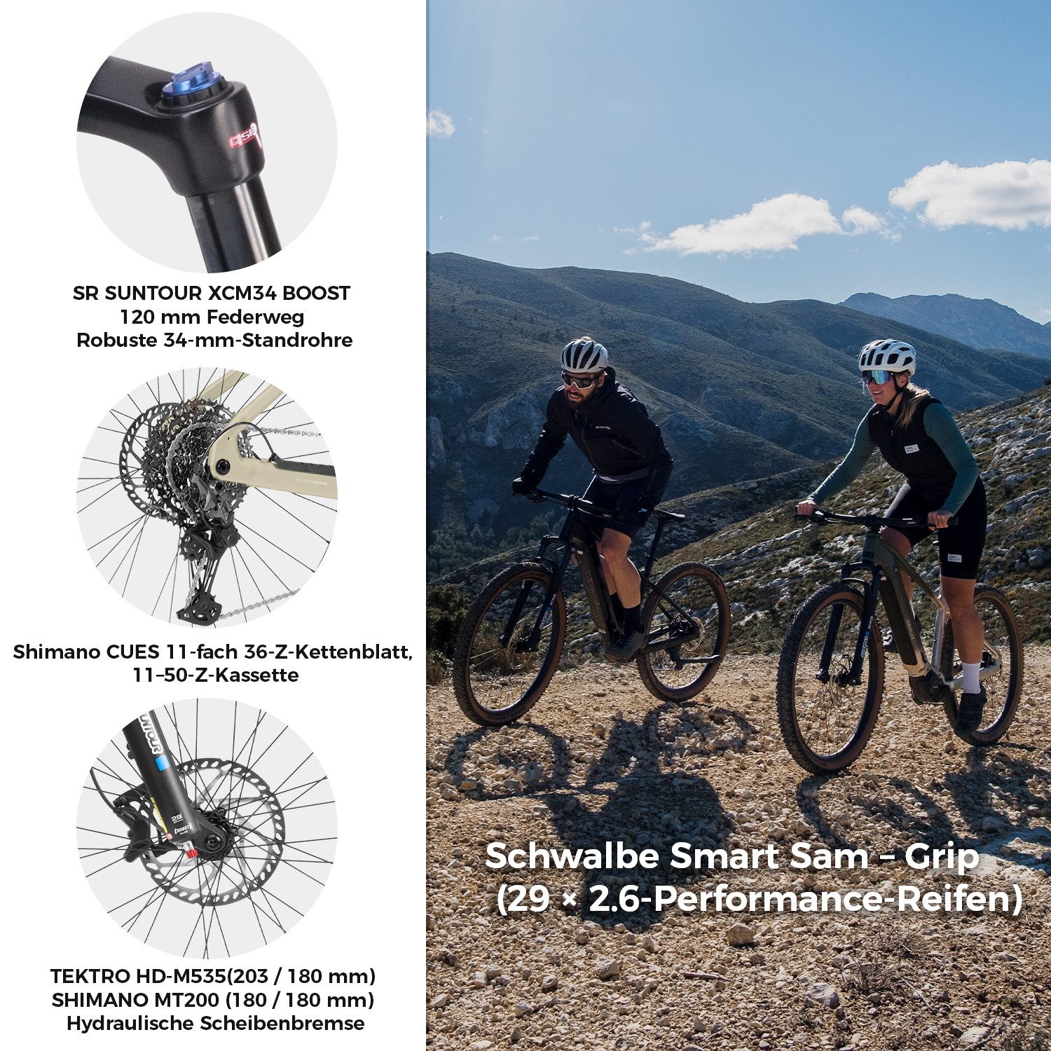 DERUIZ E-Bike Mountainbike 29 Zoll, 110 Nm Mittelmotor, max. 180km, 6 Stufen, Bluetooth + APP, 11 Gang SHIMANO CUES ASLU6000T1R Schaltwerk, Kettenschaltung, Mittelmotor, 720 Wh, (Trittfrequenz- und Drehmomentsensor, Für Damen und Herren), Federgabel mit Lockout, Anfahrhilfe, Haltefunktion, bis zu 170 kg