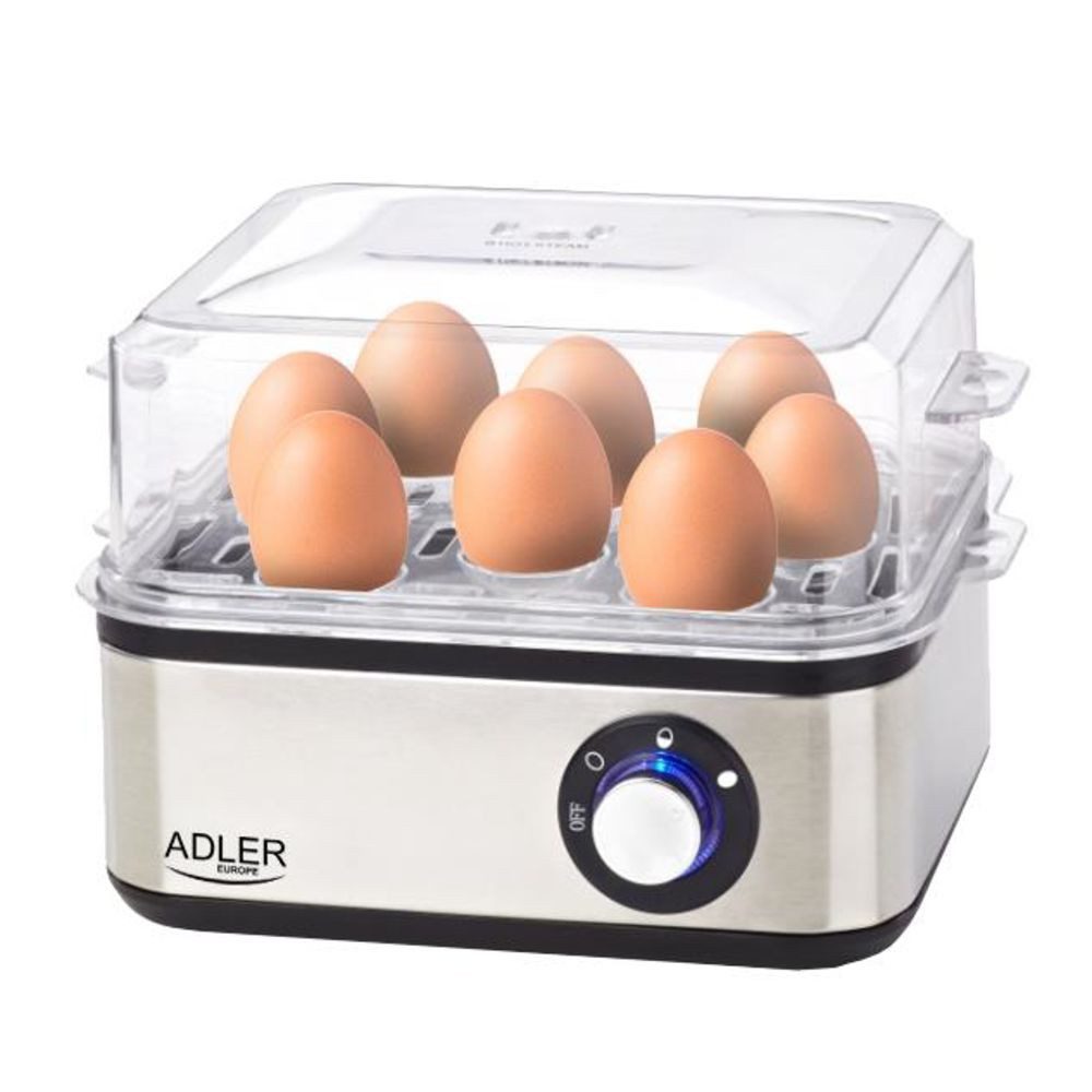 ADLER EUROPE Eierkocher AD 4486 inklusive Messbecher mit Eierstecher, weich, mittel, hart, Anzahl Eier: 8 St., 800 W, Einsatz für pochierte Eier, Abschaltautomatik, Signalton, Silber