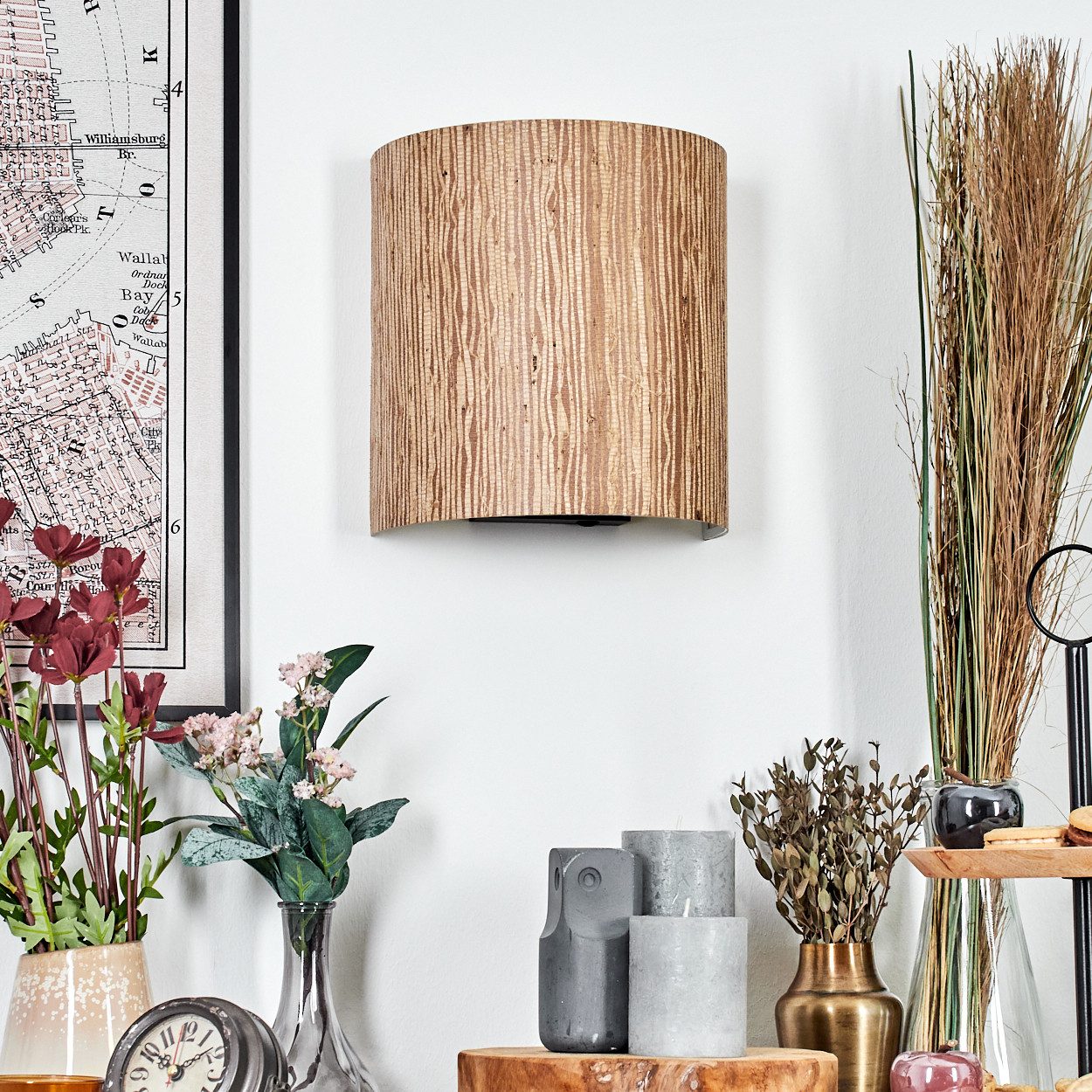 hofstein Wandleuchte Wandlampe aus Metall/Seegras/Papiergeflecht, Schwarz/Natur/Beige/Braun, Wandleuchte Boho-Design, Stecker u. Schalter, abnehmbares Kabel, E27
