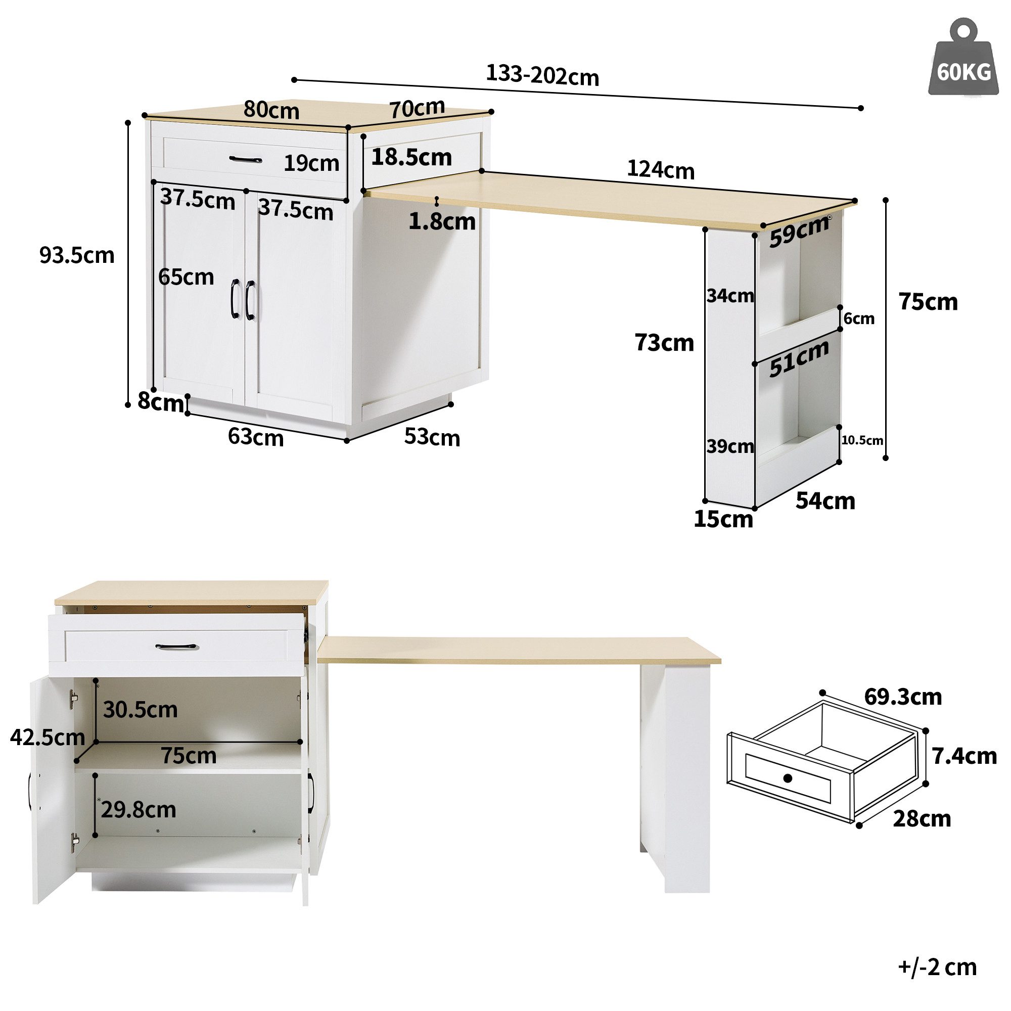 Flieks Kücheninsel mit ausziehbarer Esstisch, (Schrankmaße: B80/T70/H93,5 cm, Tischmaße: B124/T59/H75 cm), Küchenschrank mit Arbeitsplatte, 2 Schublade und 4 Fä – Bild 5 von 5