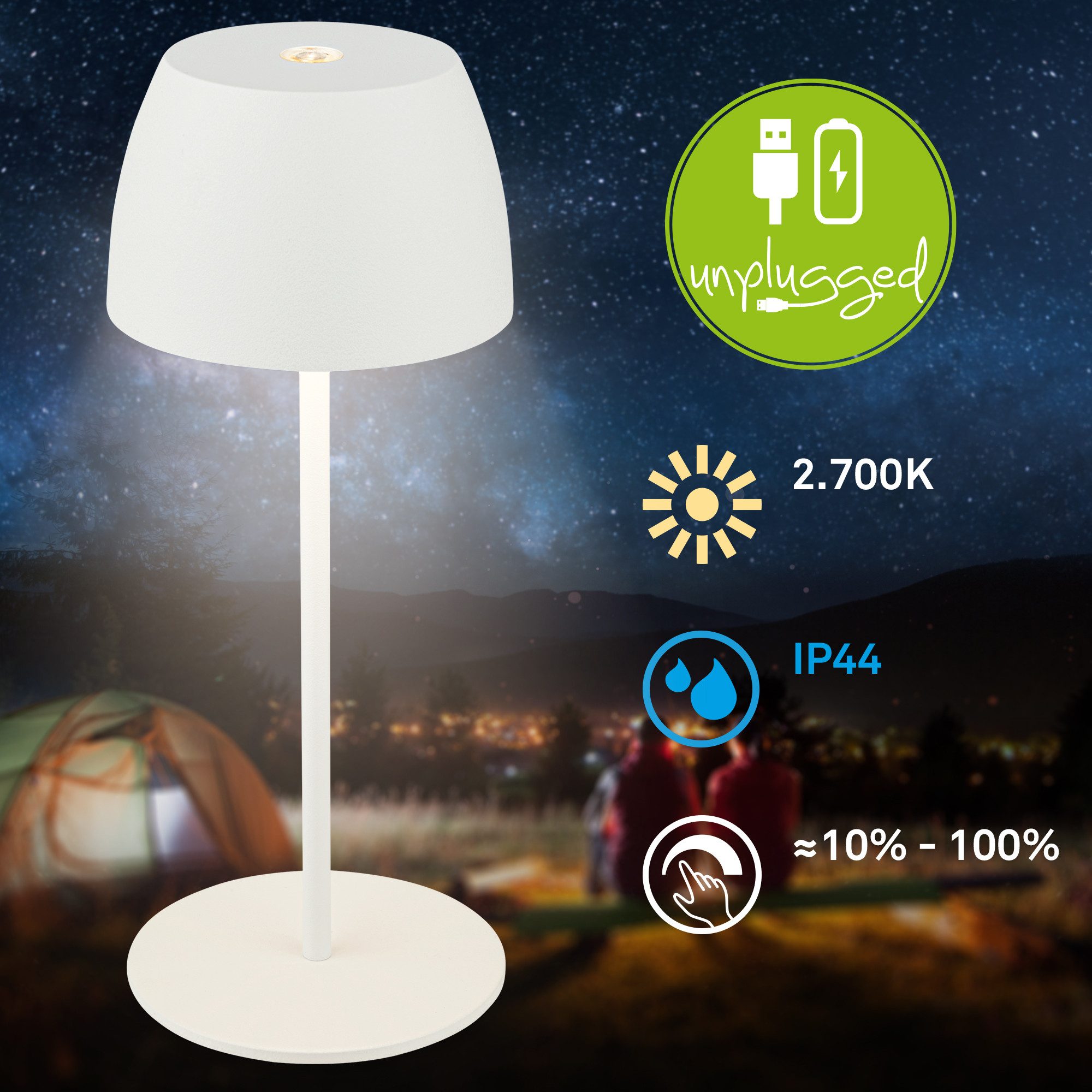 Briloner Leuchten Tischleuchte Akku Tischlampe dimmbar kabellos Außen/Innen, Ladekabel, LED fest integriert, 2700K - Extra - Warmweiß, Tischlampe kabellos 20x8cm Weiß 2,5W Wohnzimmer Schlafzimmer Outdoor