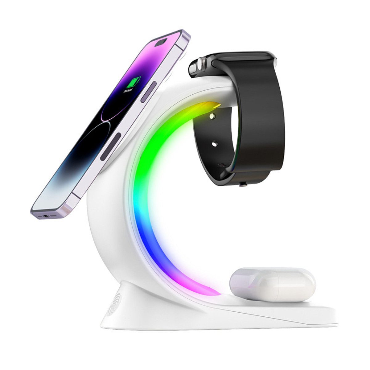 yozhiqu Smartphone-Dockingstation 3-in-1, 15W Schnelles Magnetisches Kabelladegerät Stand, 6-farbiges RGB-Licht, hohe Kompatibilität, rutschfester Ständer