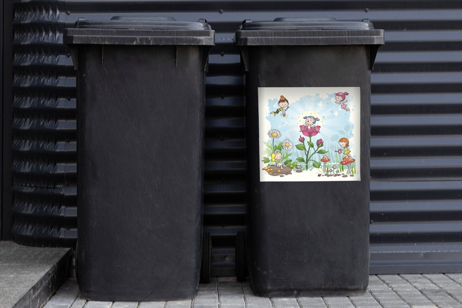 MuchoWow Wandsticker Eine Illustration von Feen Mülltonne, im Garten Sticker, (1 Container, Abfalbehälter St), Mülleimer-aufkleber