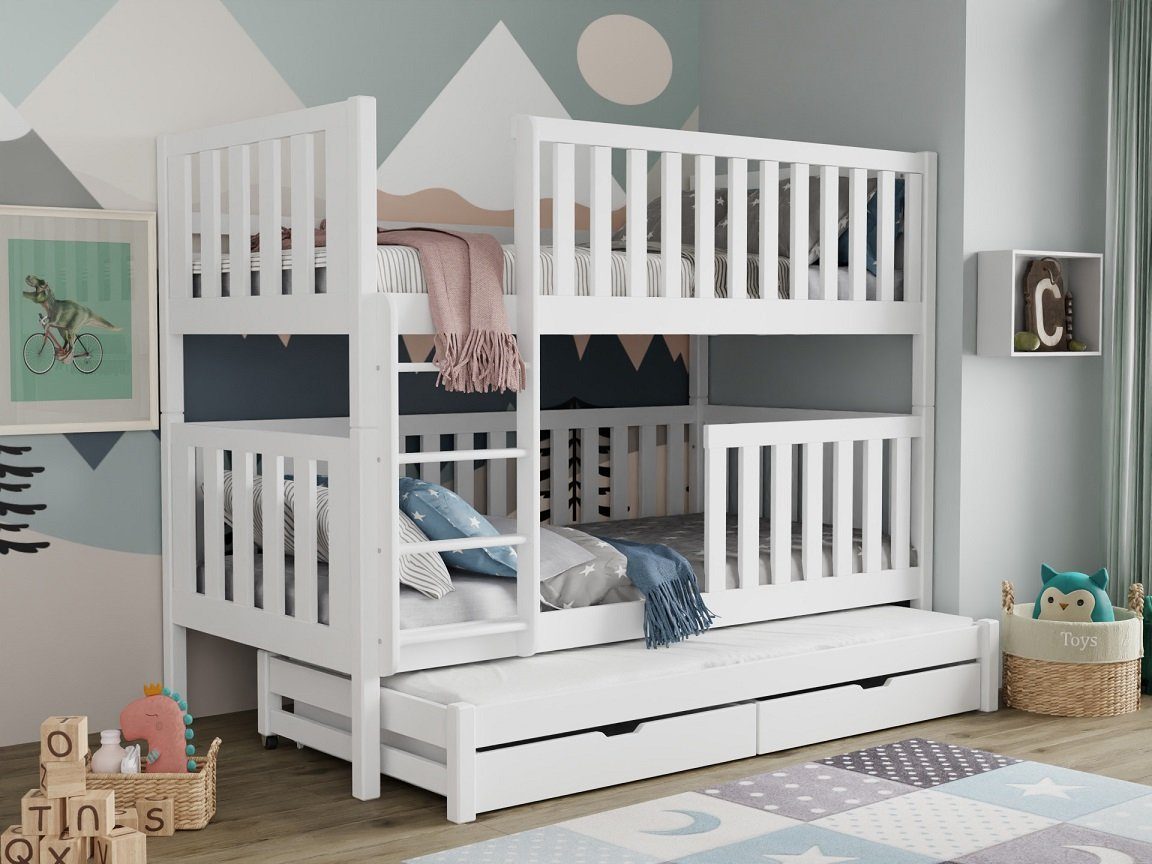 Deine Möbel 24 Etagenbett Hochbett OLIVIA für 3 Kinder 90x200 Weiß aus  Massivholz (Kinderbett mit Rausfallschutz, 2 Bettkästen, Lattenrost und  Leiter), aus Vollholz, in 2 Betten umbaubar, mit Ausziehbett