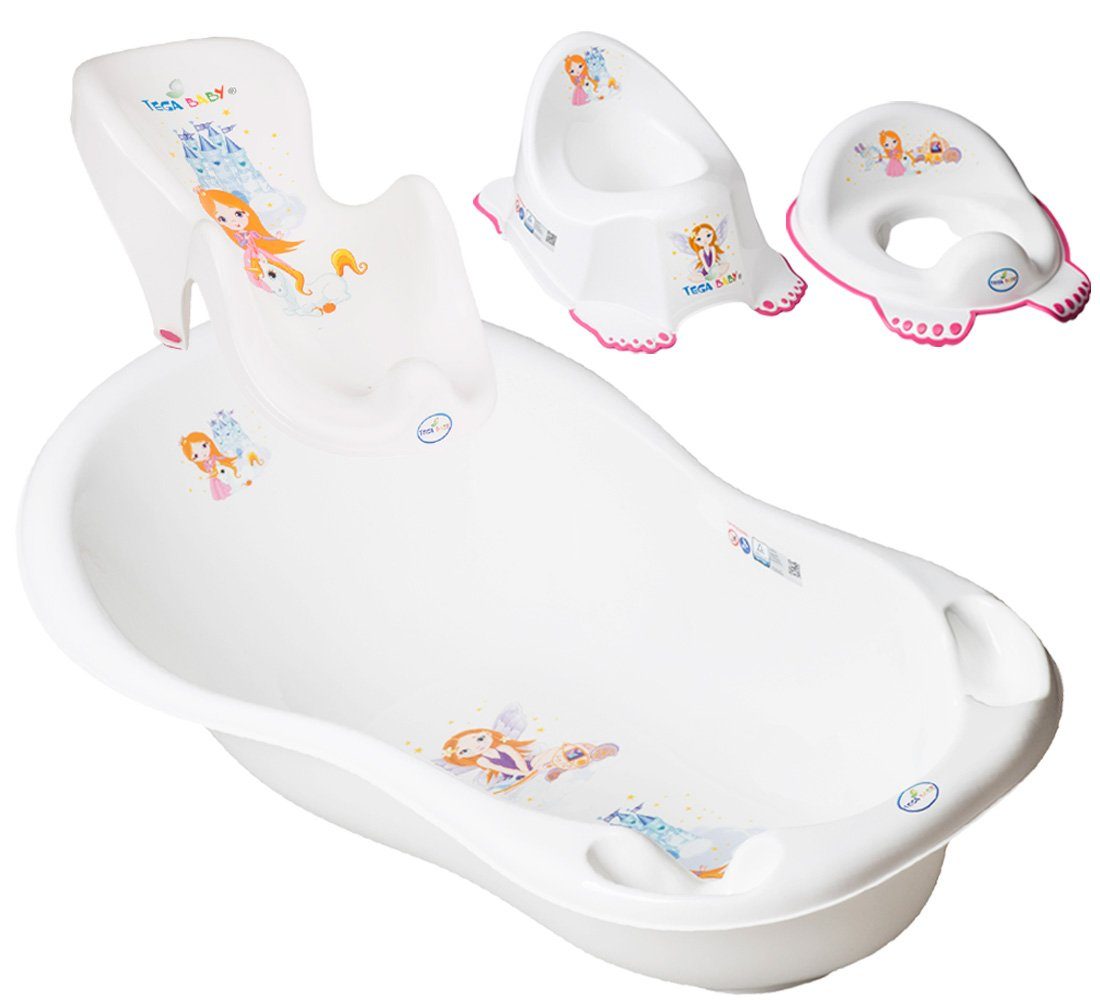 Tega-Baby Babybadewanne 4 Teile SET – PRINZESSIN - Weiß - - Badeset Baby Wanne 84 cm, (Set Simple - 4 tlg), = BABYWANNE + BADESITZ + TÖPFCHEN + WC AUFSATZ