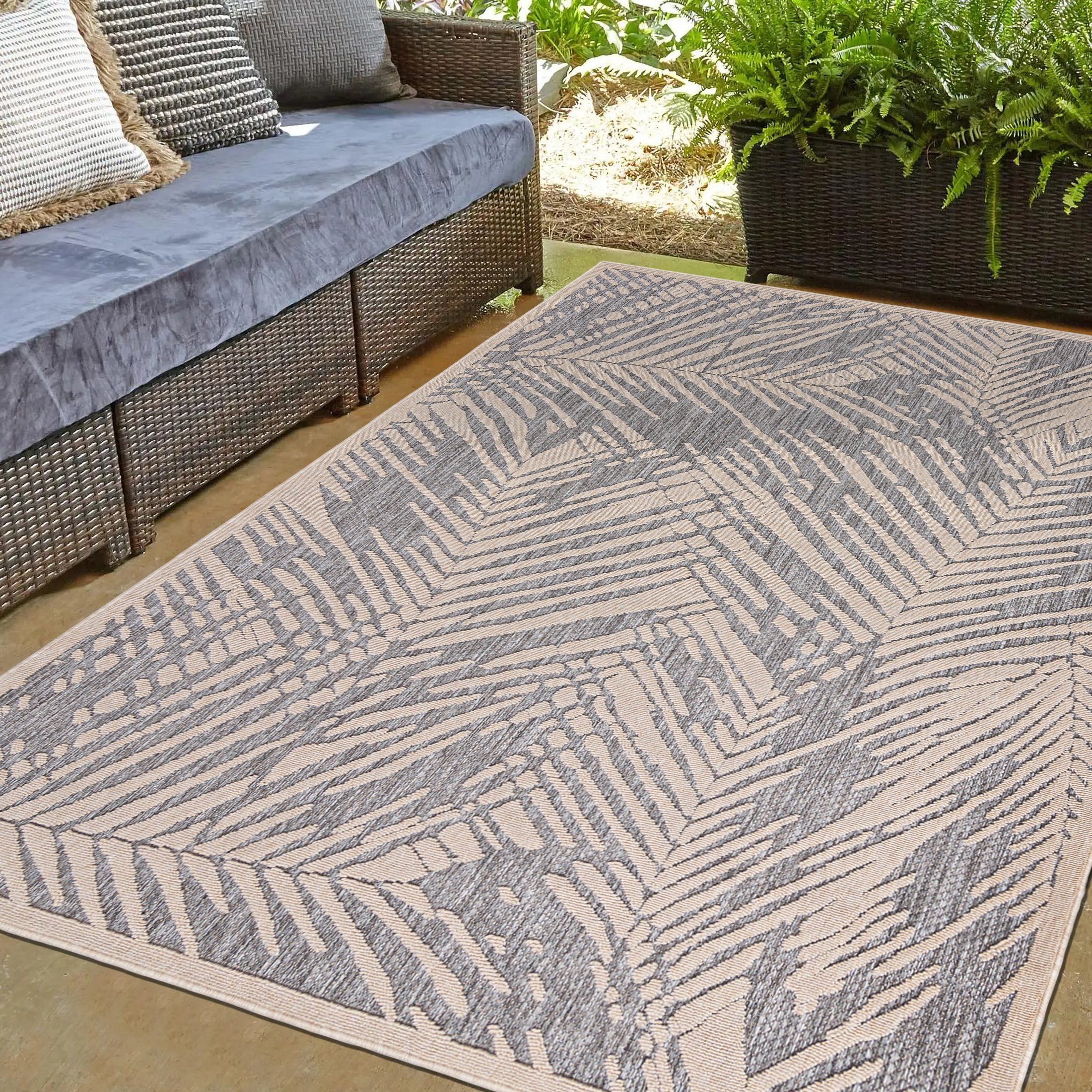 Mazovia Outdoorteppich In- & Outdoor Teppich Wetterfest & UV-beständig Balkon - Beige Grau, 80 x 150 cm, Höhe 6 mm, Kurzflor, Weich, Pflegeleicht, Flachgewebe