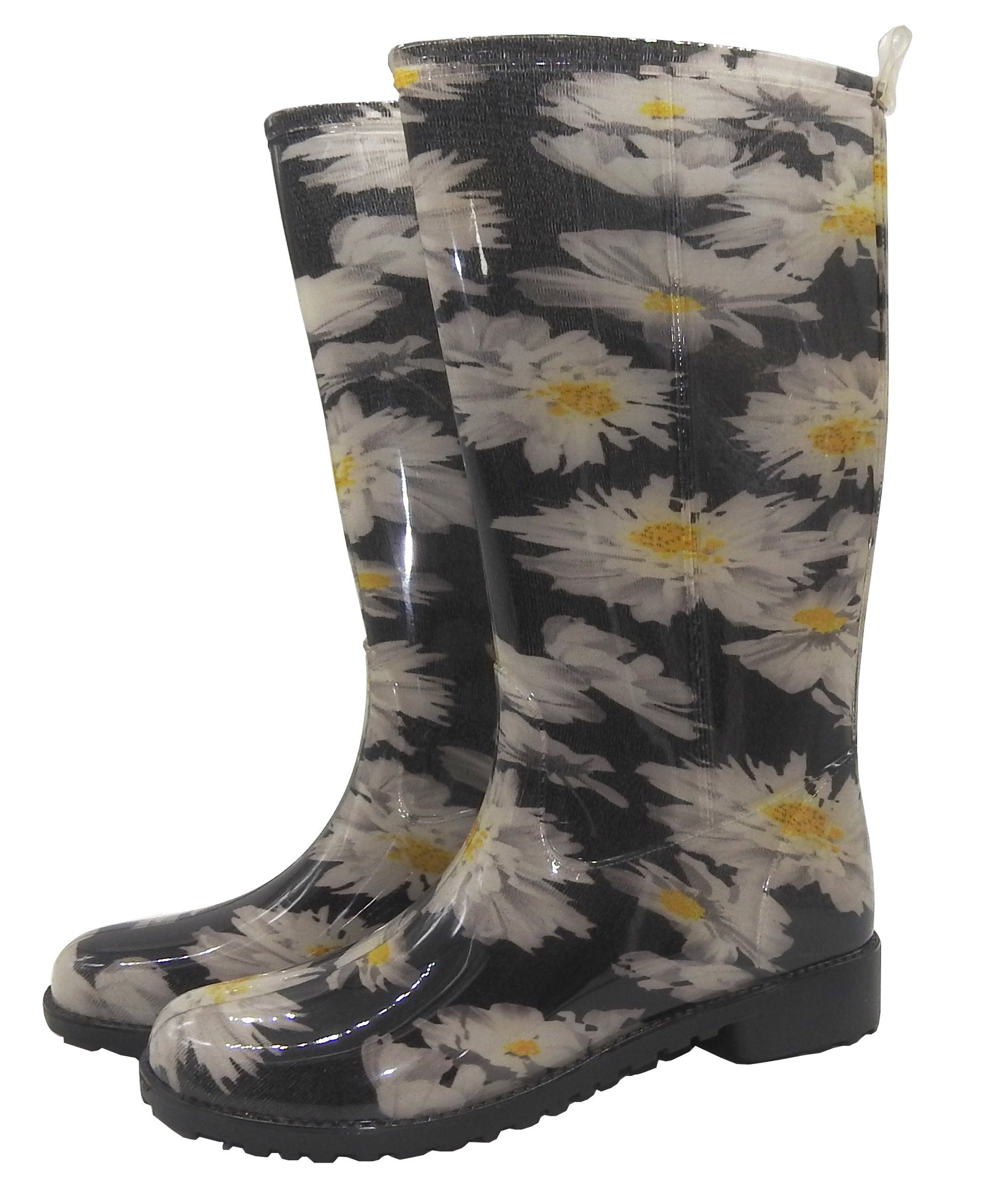 W.K. TEX GmbH Gummistiefel Damen Regenstiefel Damenstiefel Stiefel Stiefeletten Blumen geblümt bunt Motiv Schwarz