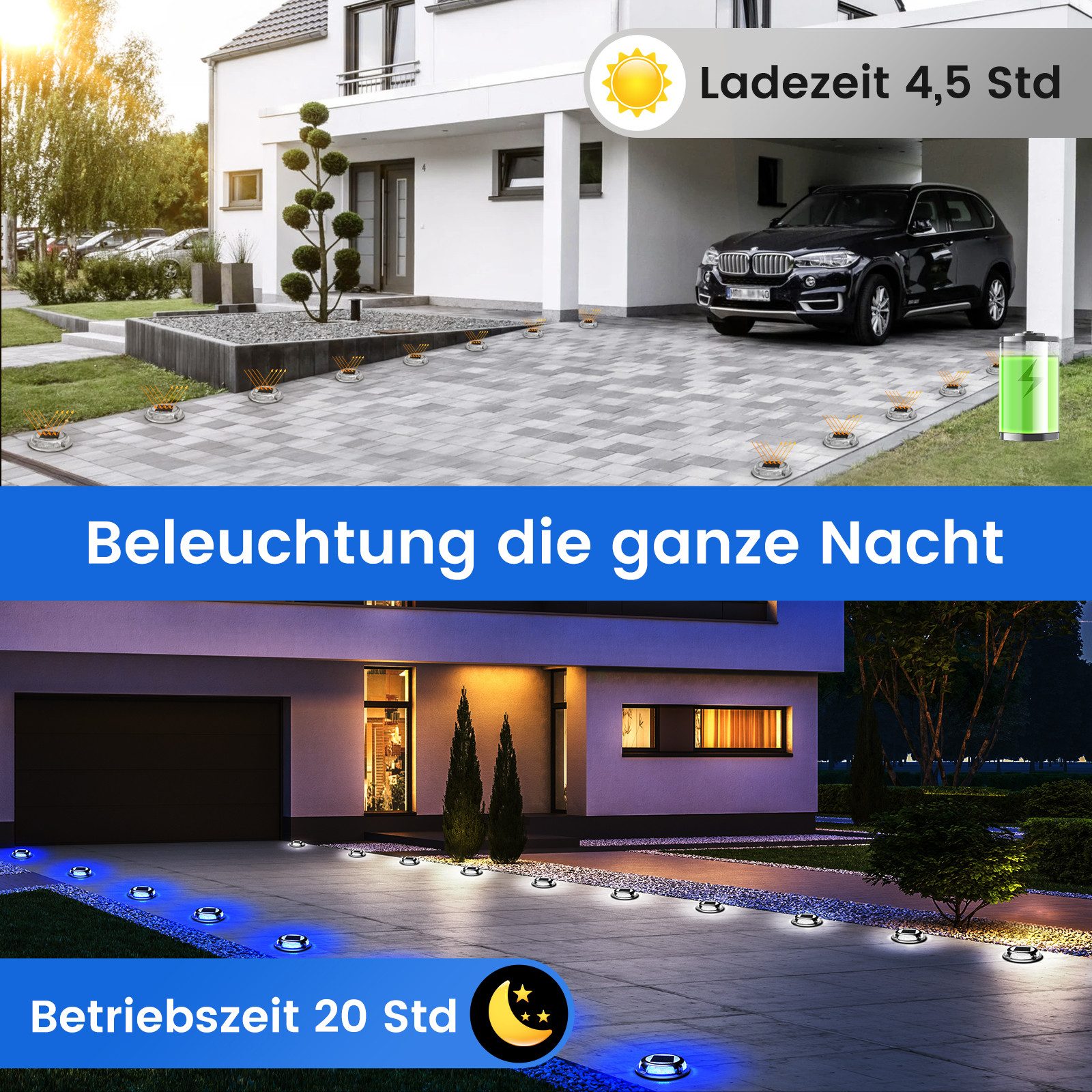 Quntis LED Solarleuchte 4/8 Stück Solarlampen Außen/draußen, Dimmbar Gartenleuchte für Terasse, Solarbetrieben; Automatisches Ein/Aus; Langlebige LEDs, LED fest integriert, Warmgelb, Solar-Deckleuchten Außen, 20t belastbar, Blauweiß, für Weg Deck Garage