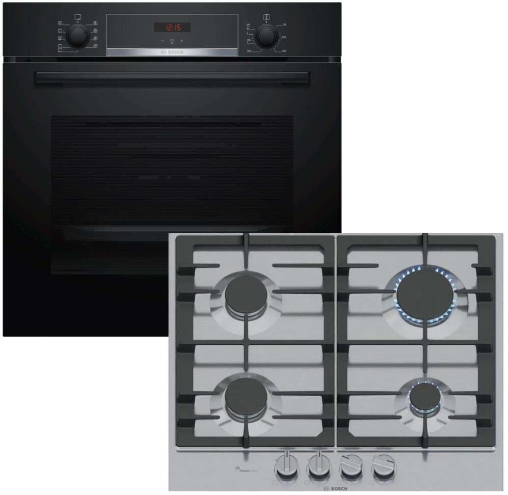 BOSCH Backofen-Set 3D-Heißluft Hydrolyse Pizzafunktion Teleskop + Gaskochfeld FlameSelect, mit 1-fach Teilauszug, Hydrolyse EcoClean Direct