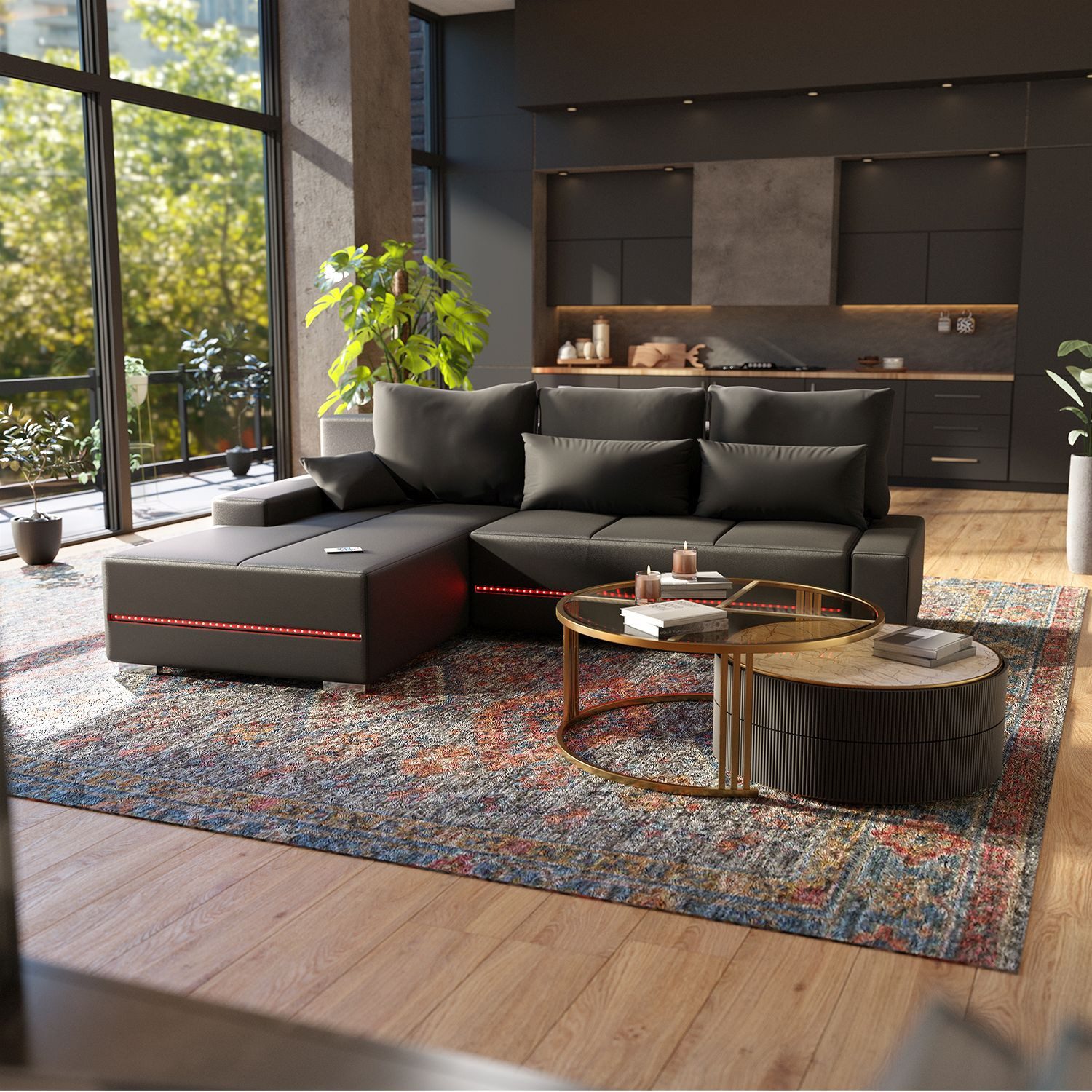 Juskys Wohnlandschaft Davos, individuelle Beleuchtung, gemütlicher Bezug, w günstig online kaufen