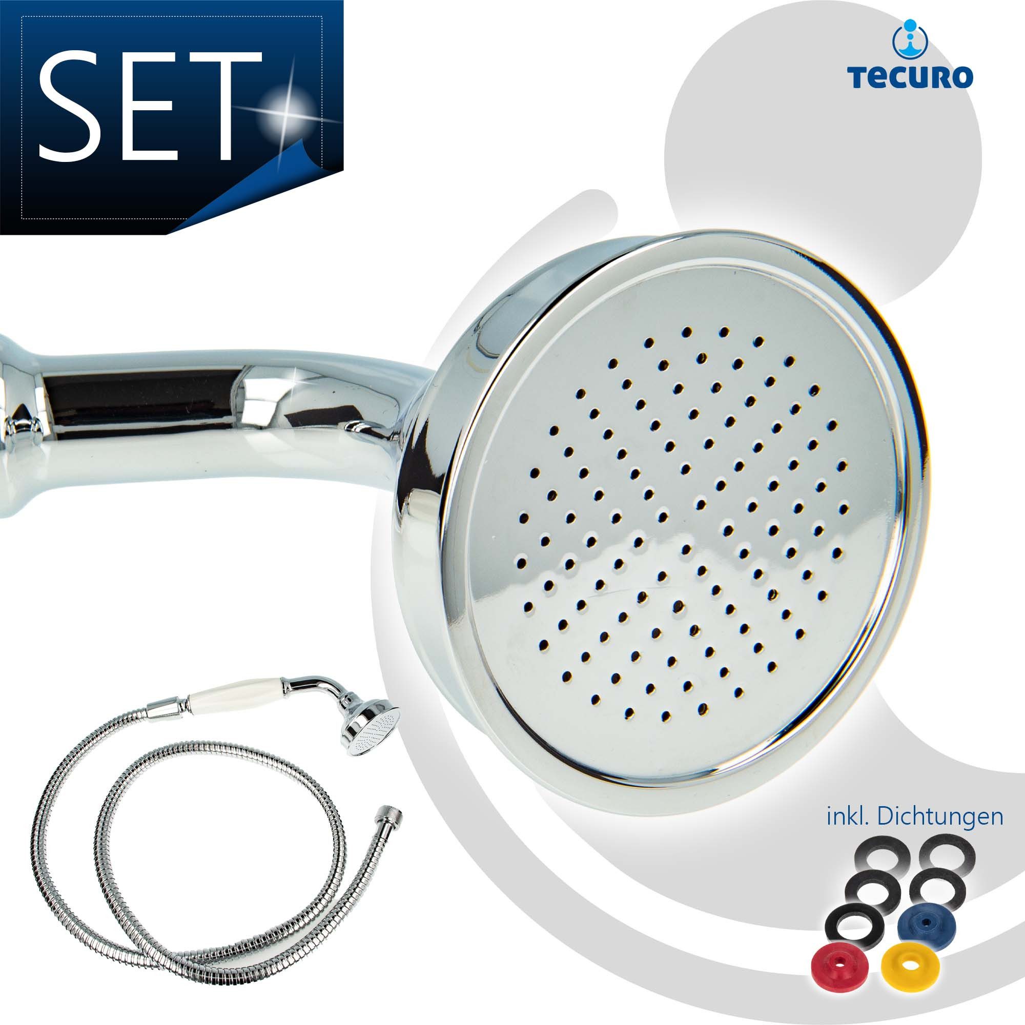 tecuro Brausegarnitur Nostalgie - Handbrause Ø 65 mm, 1-strahlig, mit Metallbrauseschlauch