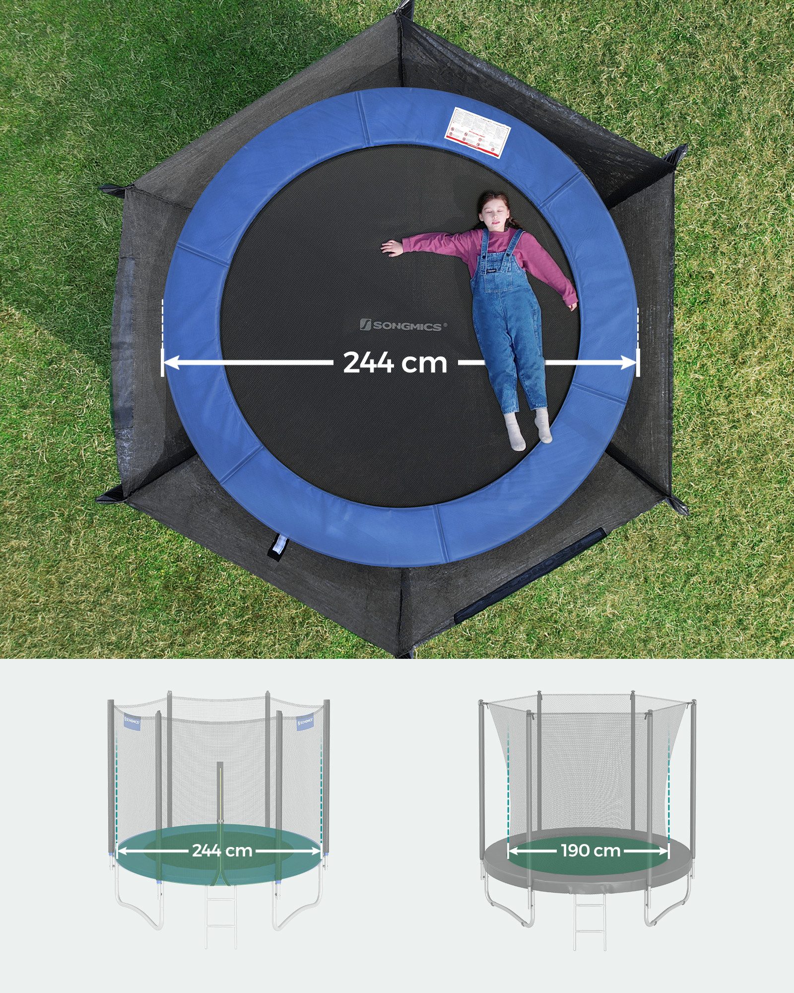 SONGMICS Gartentrampolin mit Randabdeckung, Sicherheitsnetz, Leiter und gepolsterten Stangen, Ø 244 cm, Ø244/Ø305/ Ø366 cm, mit Leiter und gepolsterten Stangen