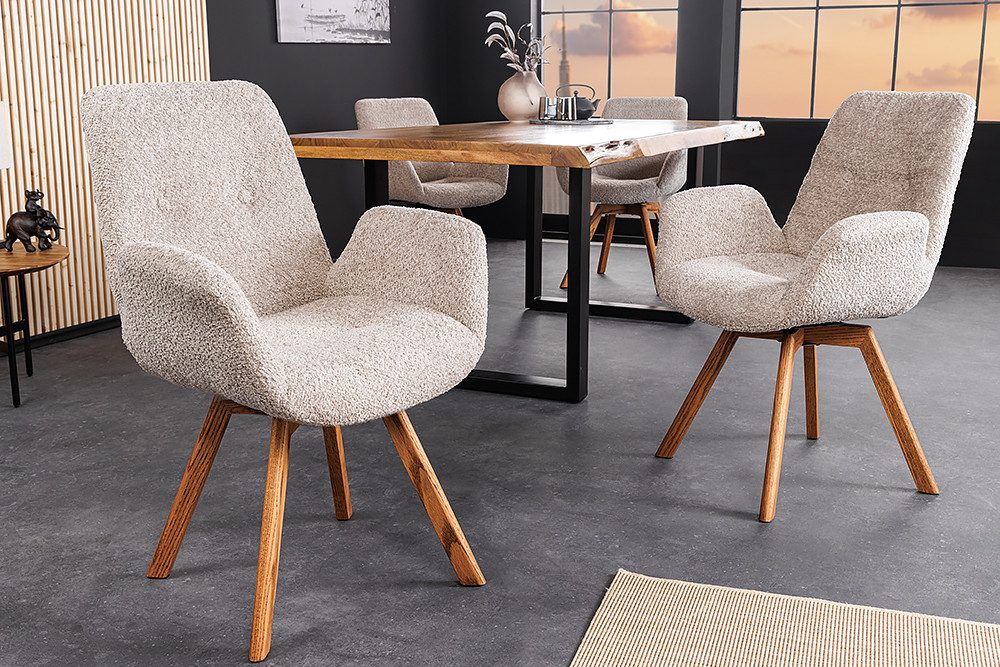 riess-ambiente Polsterstuhl BALTIC beige/natur - Bouclé, Eiche-Massivholz, 360° drehbar, Armlehnen (Einzelartikel, 1 St), Luxuriöser Teddystoff- ideal für Ess-, Wohn- & Schlafzimmer oder Küche