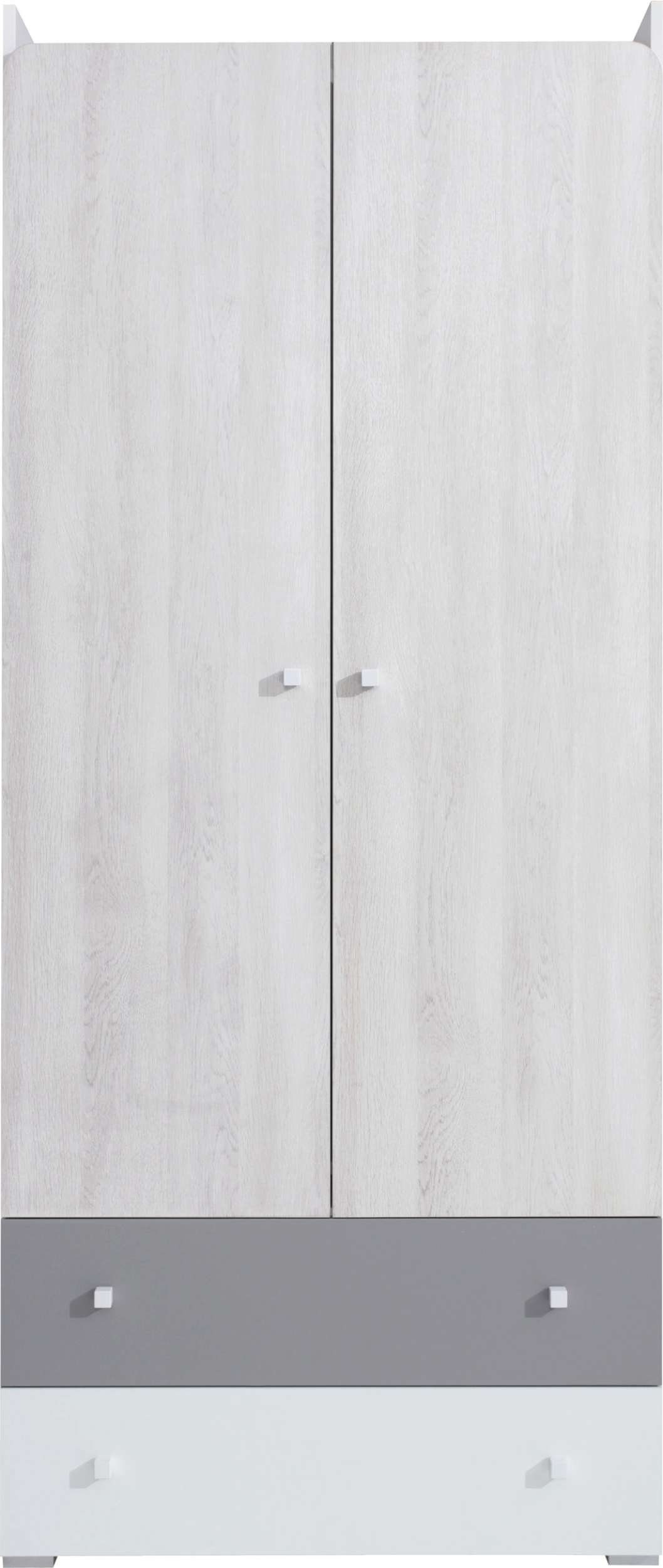 99rooms Kinderkleiderschrank Rono Weiß Hochglanz Eiche Wilton Weiss Grau (Kinderschrank, Mehrzweckschrank) mit 5 Fächern und Schublade, Spanplatte, viel Stauraum, FSC-Zertifizierung, Modern Design