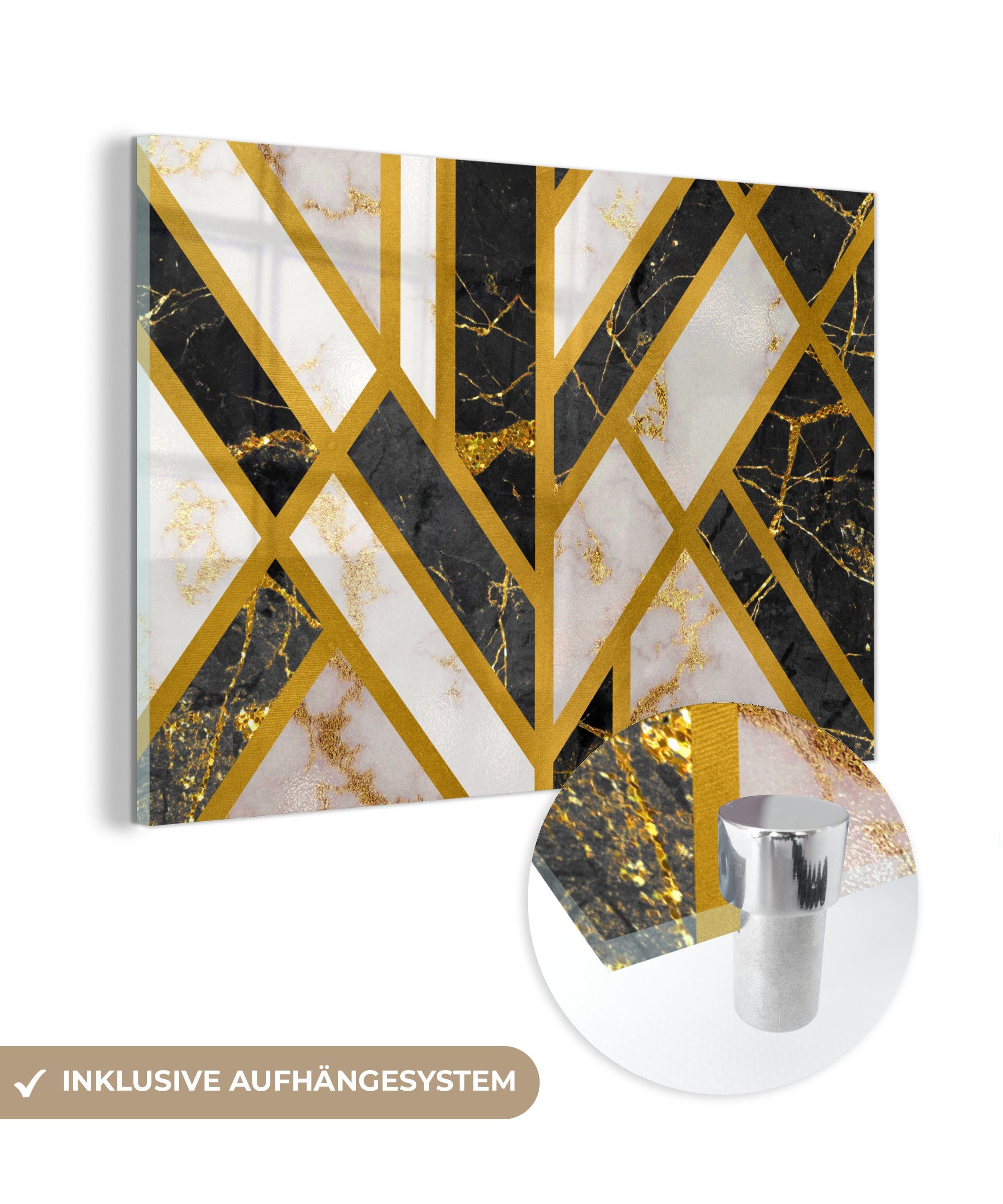 auf MuchoWow - Glas (1 Acrylglasbild Foto Bilder Glas auf Gold - Wanddekoration Wandbild - - Glasbilder - St), Muster, Marmor
