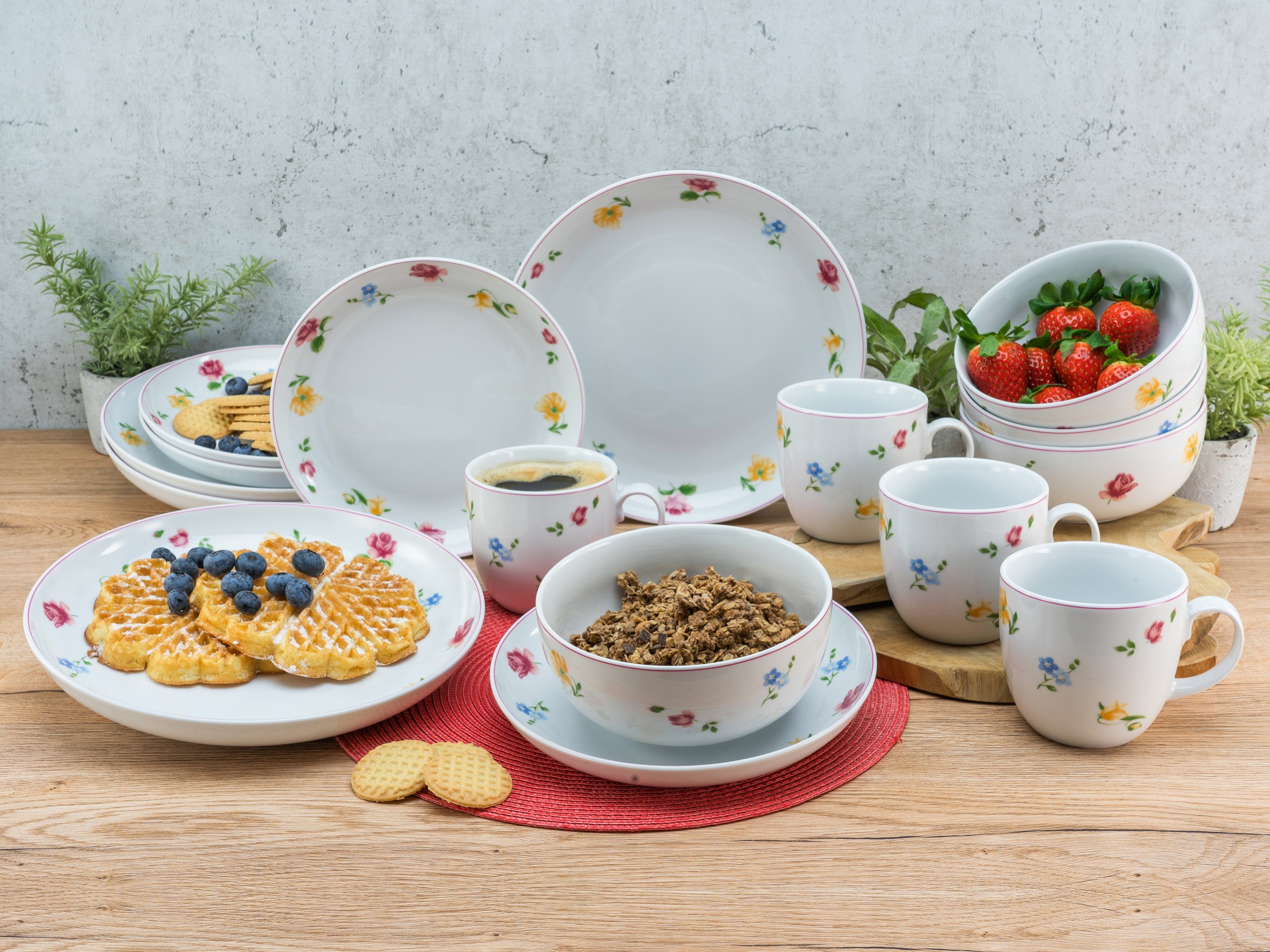 CreaTable Kombiservice Geschirr-Set Summertime (10-tlg), 2 Personen, Porzellan, Service, Streublümchen-Dekor, 10 Teile, für 2 Personen