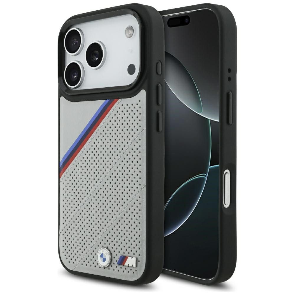 BMW Handyhülle Case iPhone 17 Pro MagSafe Kunstleder grau Tricolor Logo Metall 6,3, Kantenschutz