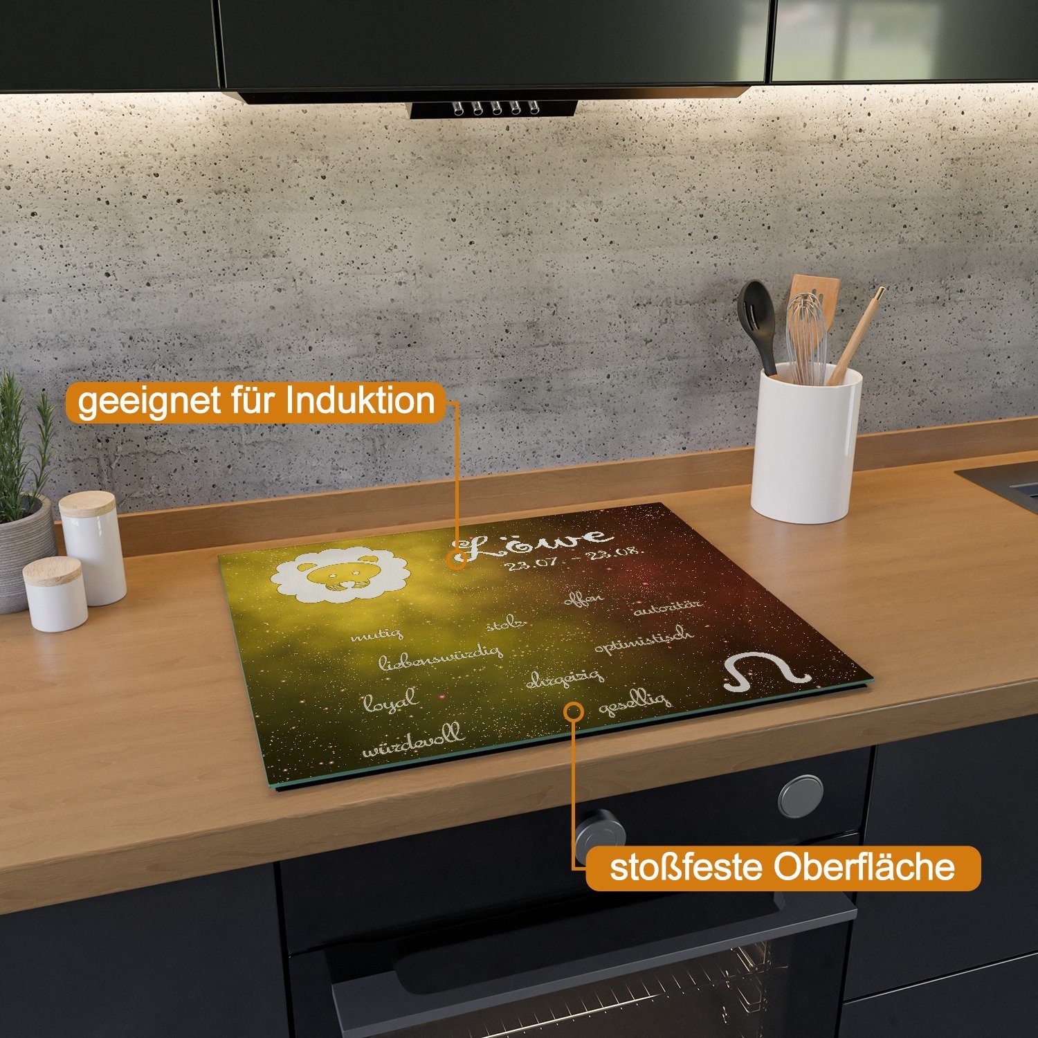 Wallario Herd-Abdeckplatte Sternzeichen Löwe, ESG-Sicherheitsglas, (Glasplatte, 1 tlg., inkl. 5mm Noppen), verschiedene Größen