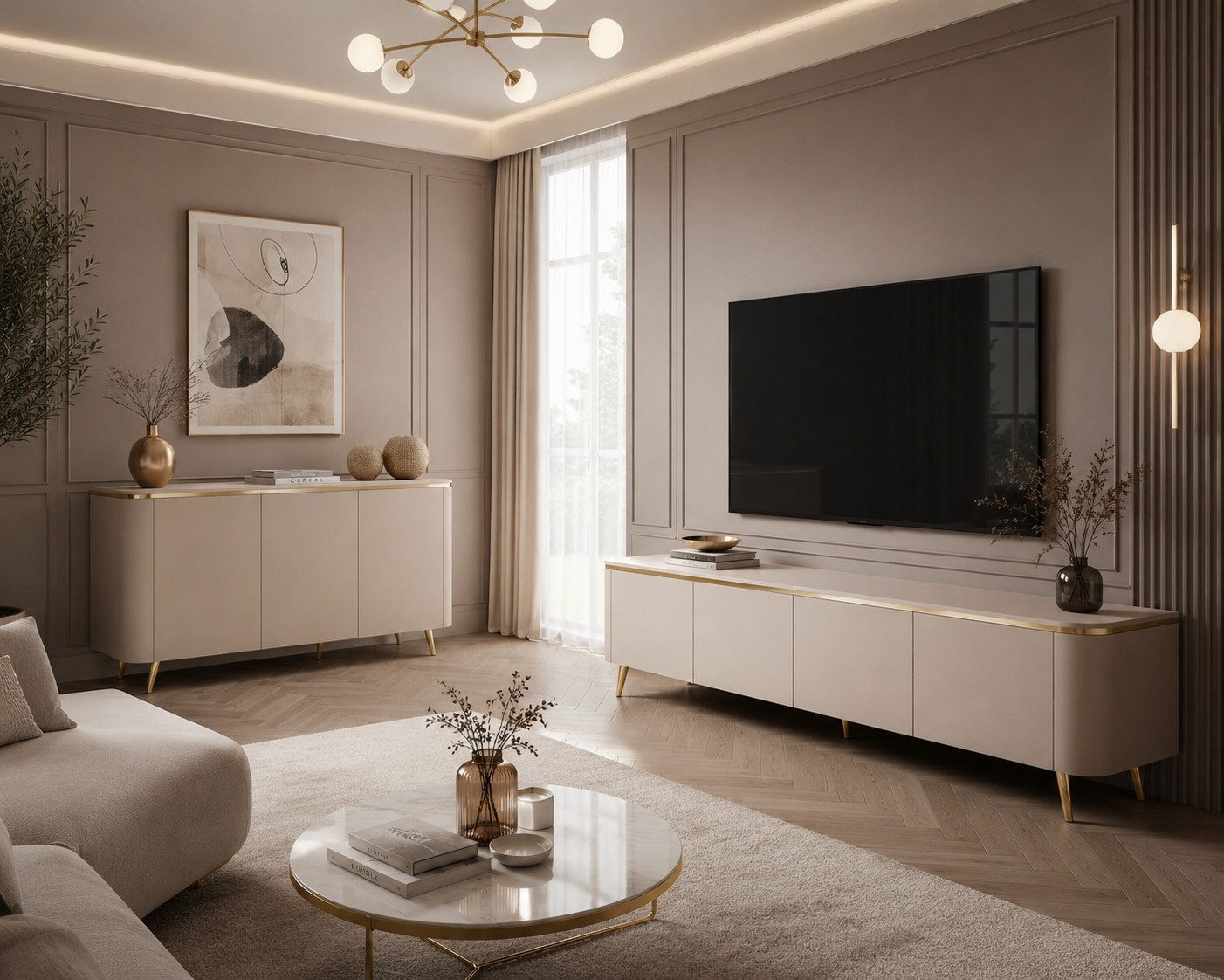 ALLHOUSE24 Wohnzimmer-Set LINE II, 2-tlg., Kommode & TV-Lowboard, Kaschmir, goldene Metallfüße, (2-St., Das Set besteht aus: Kommode, TV Schrank), Breite: Kommode: 140 cm, TV Schrank 200 cm