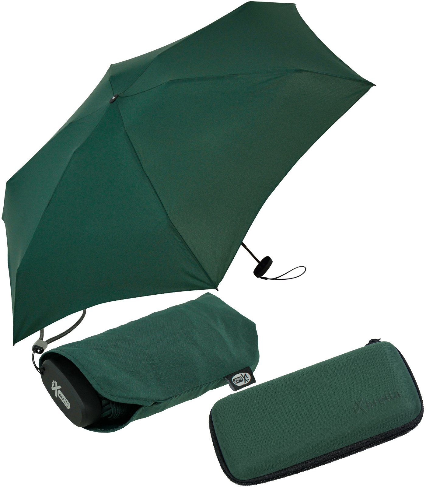 iX-brella Taschenregenschirm Ultra Mini 15 cm winziger Schirm im Handy Format, ultra-klein, mit Softcase-Etui - pineneedle green