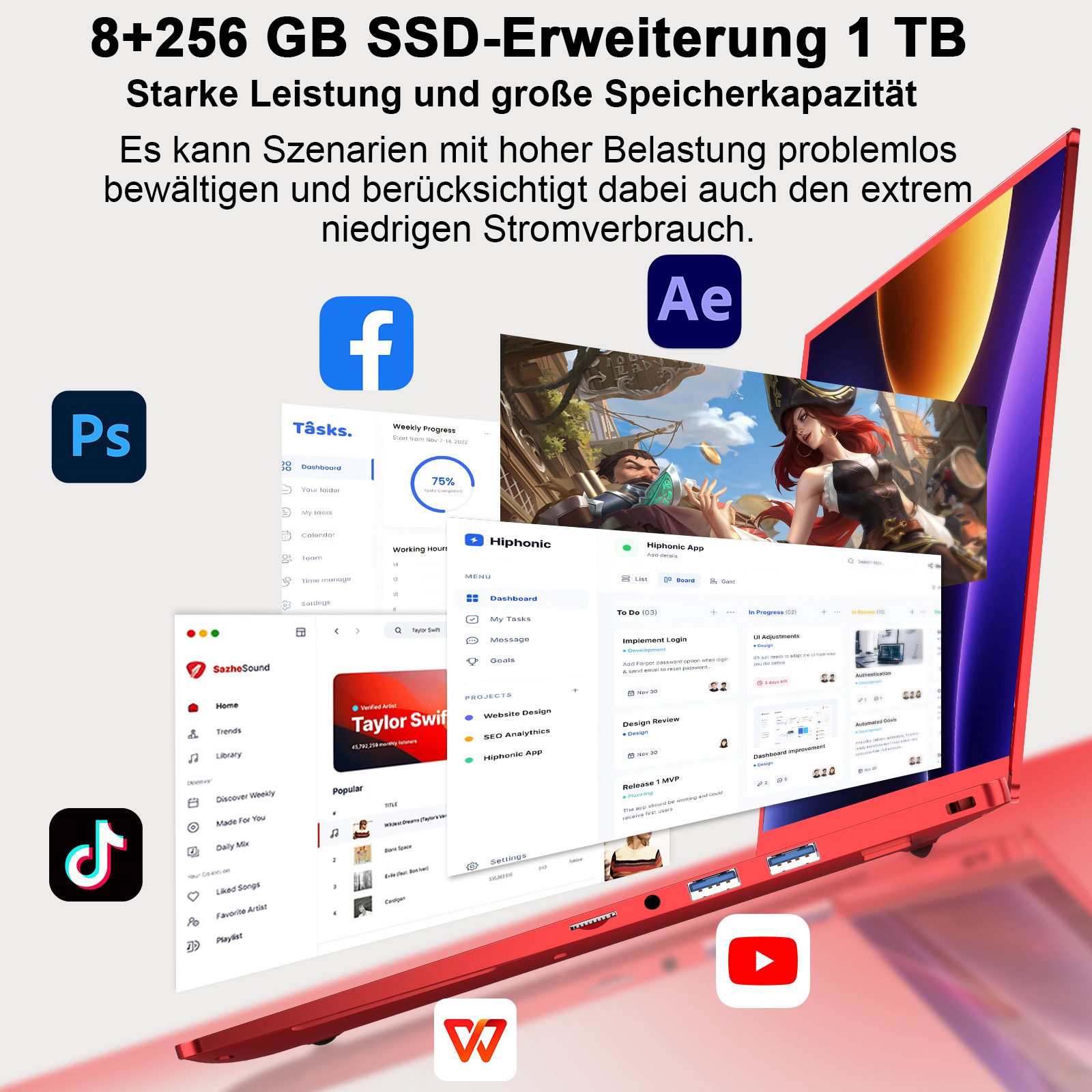 bvate 2026 14-Zoll-Laptop-Computer, 8 GB DDR4, Quad-Core N5095 CPU Notebook Notebook (OTHER, N5095, 8 GB, 256 GB SSD, 180° Drehung/Low Blue Light-Zertifizierung/Deutsche Tastaturaufkleber)