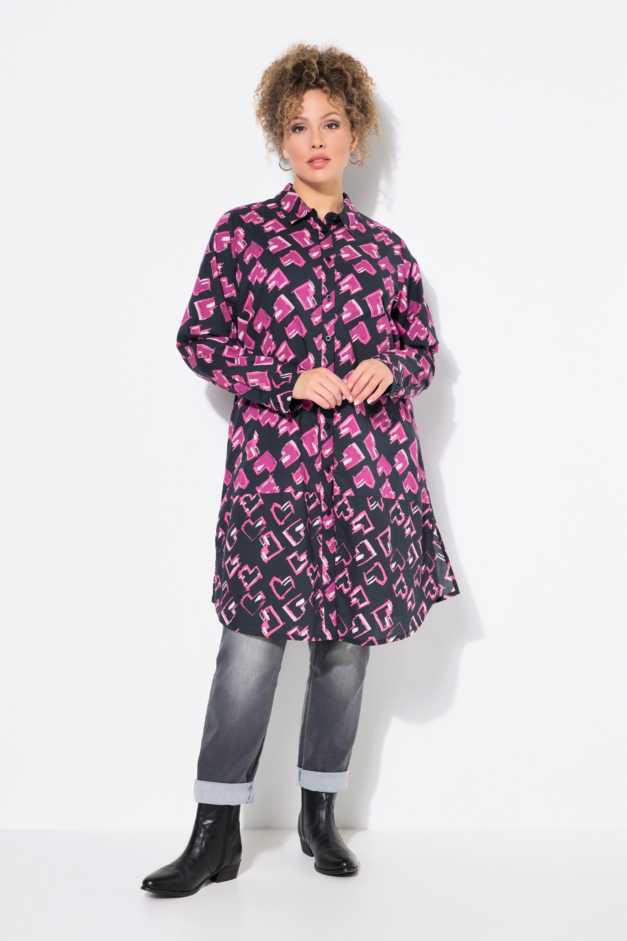 Ulla Popken Longbluse Longbluse Herzen A-Linie Hemdkragen Langarm günstig online kaufen